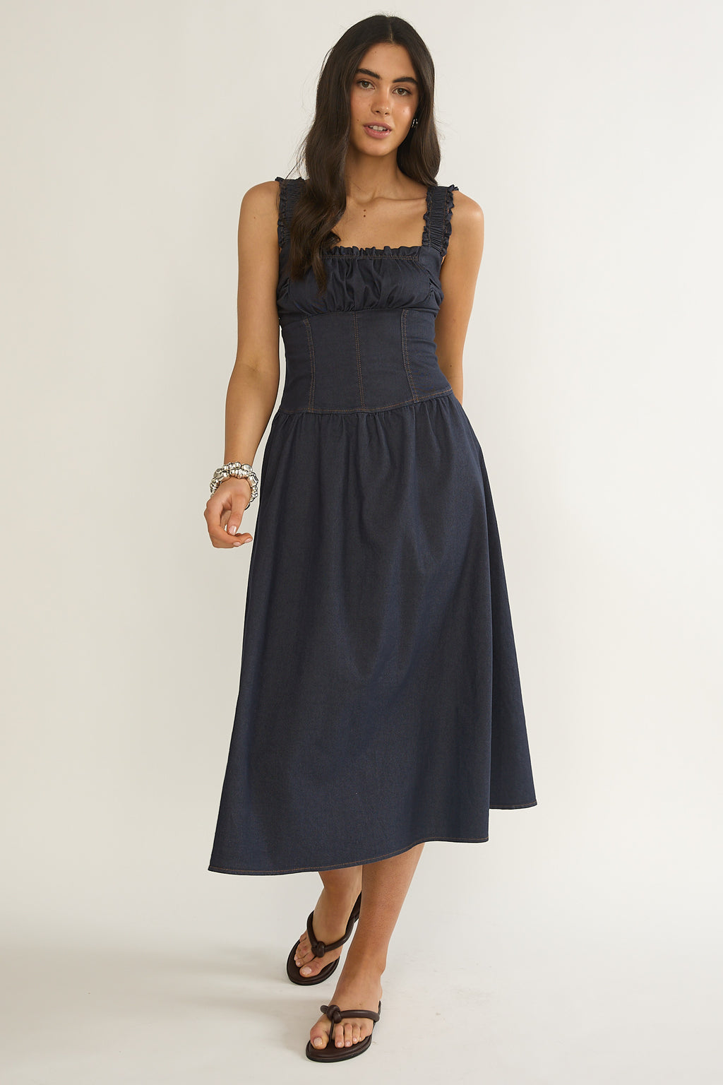 Idyllic Gathered Bust Midi Dress Indigo by Selfie Leslie