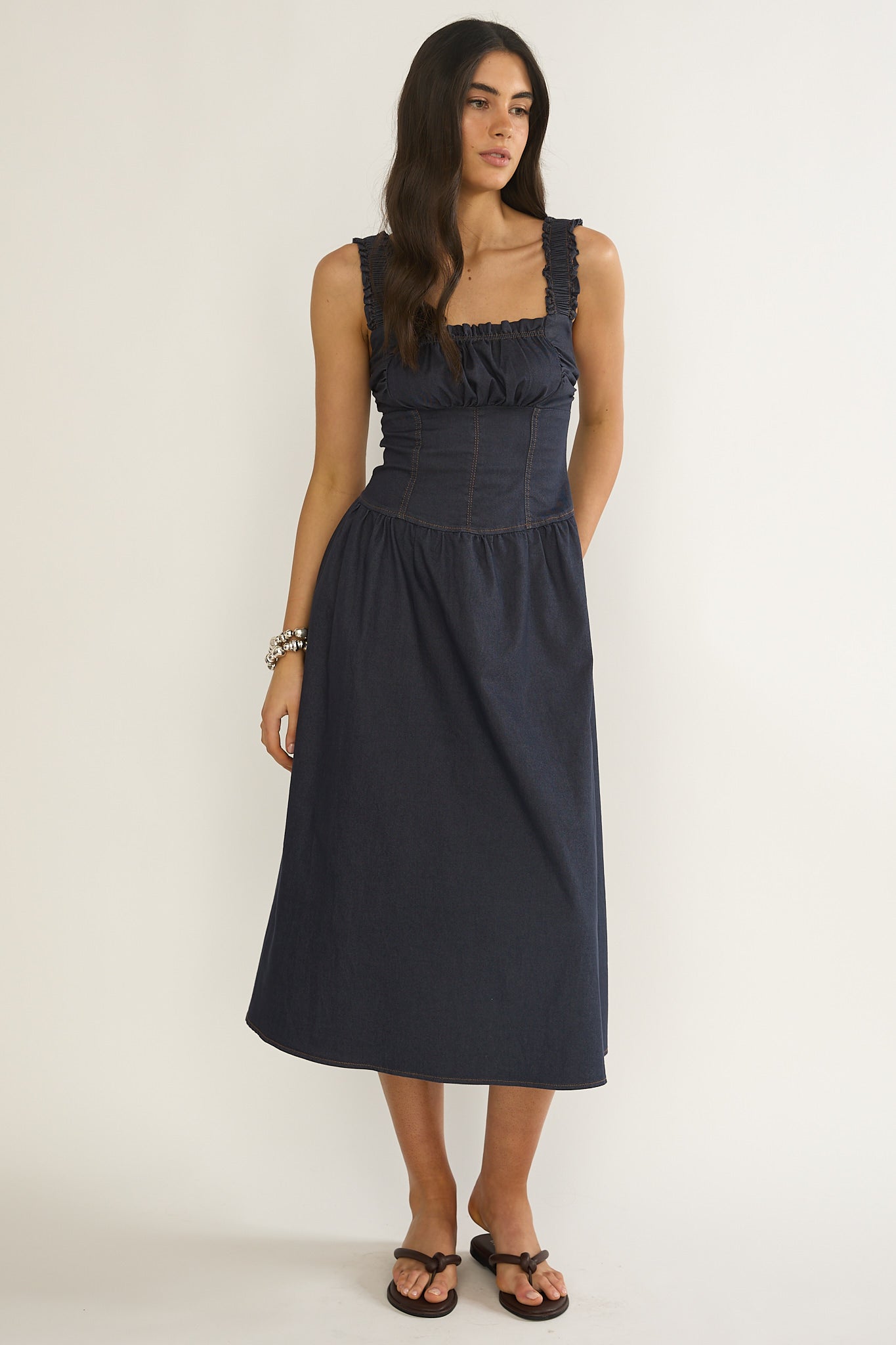 Idyllic Gathered Bust Midi Dress Indigo by Selfie Leslie