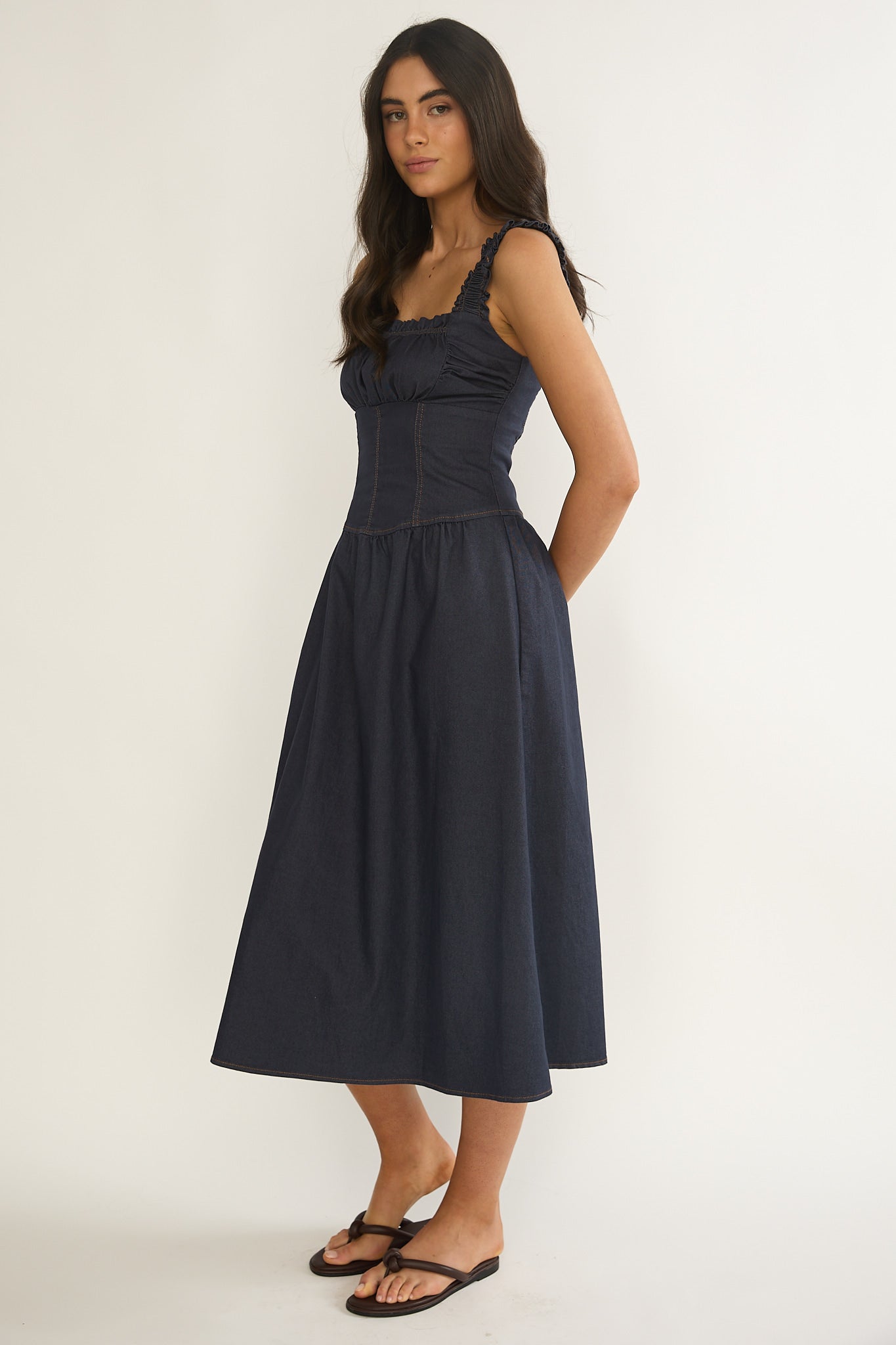 Idyllic Gathered Bust Midi Dress Indigo by Selfie Leslie
