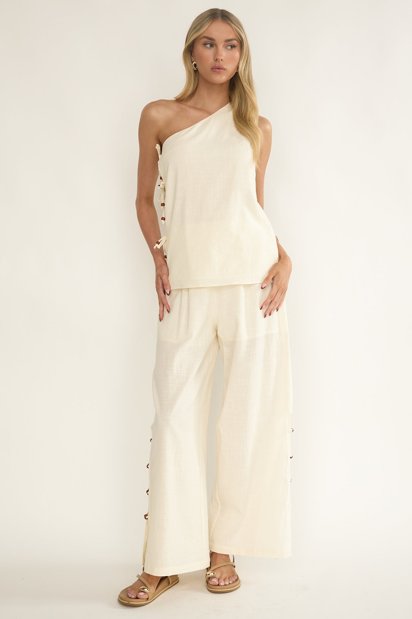 Dahlise Bead Trim Pants Cream by Selfie Leslie