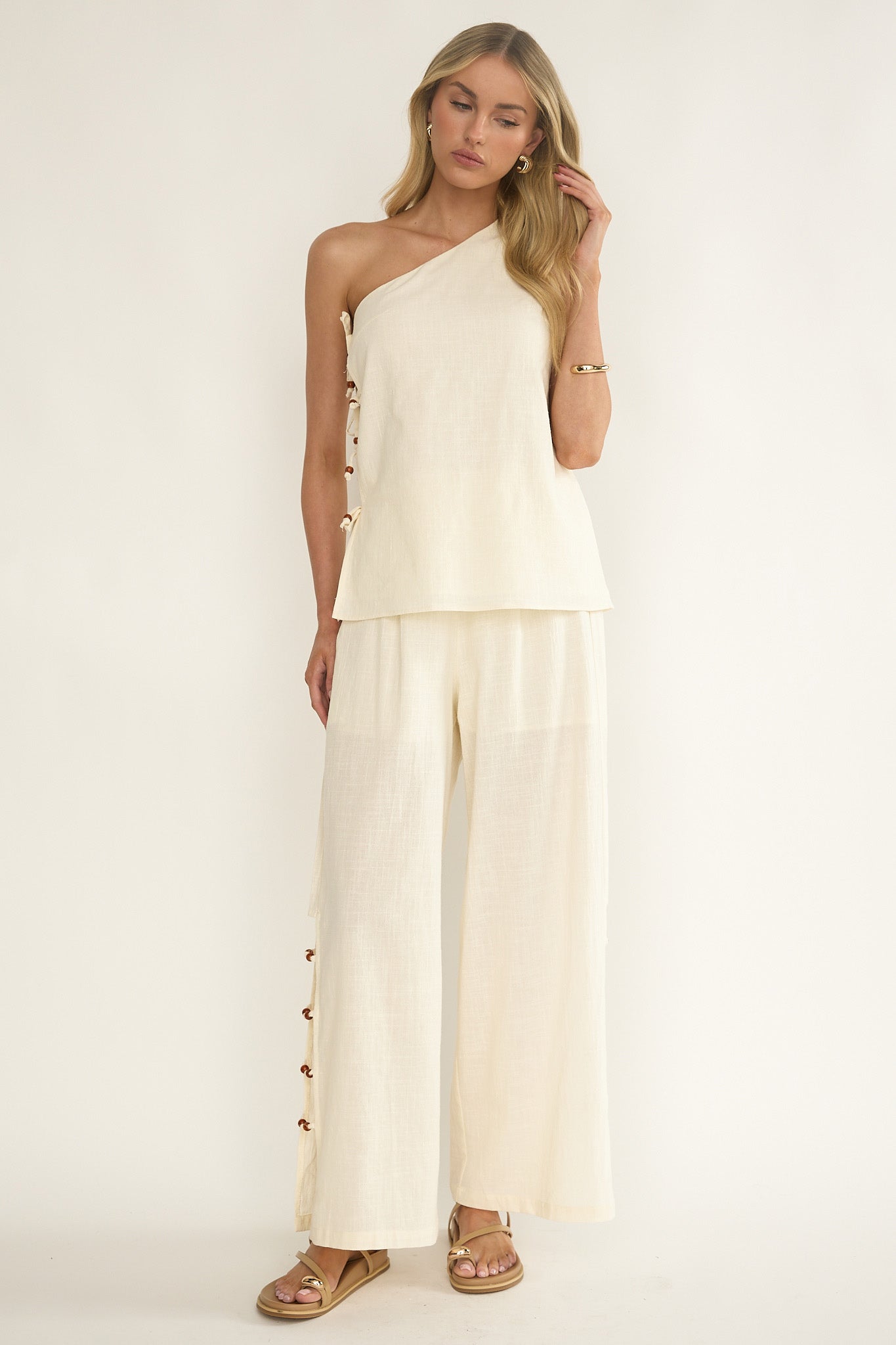 Dahlise Bead Trim Pants Cream by Selfie Leslie