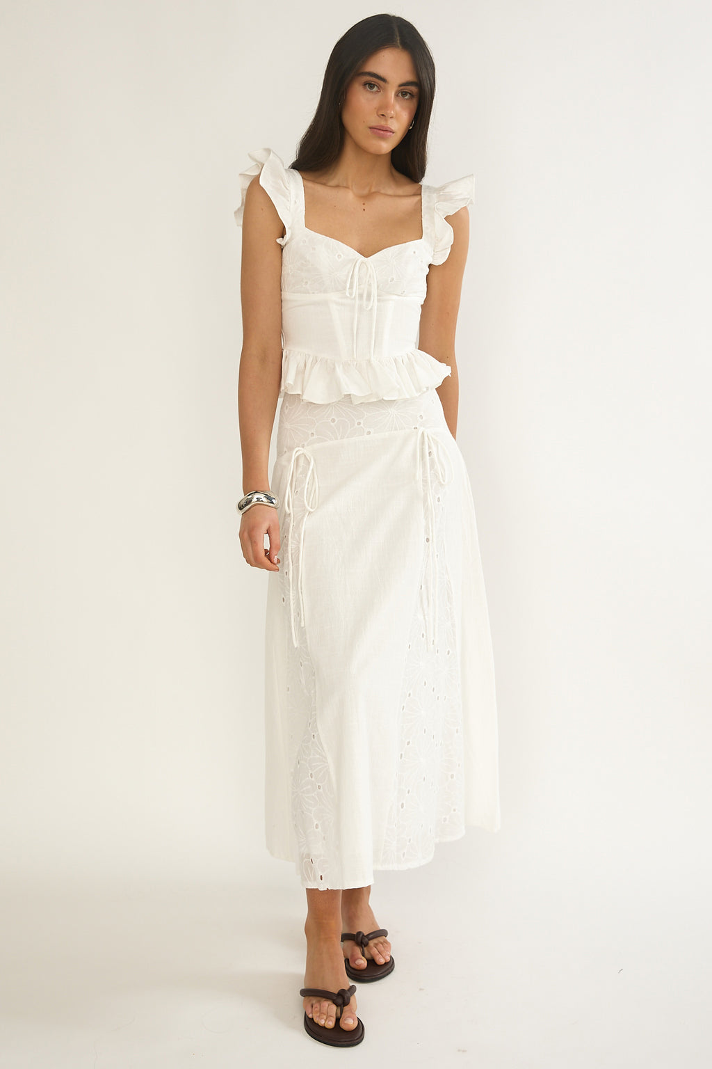 Danette String Tie Embroidery Maxi Skirt White by Selfie Leslie
