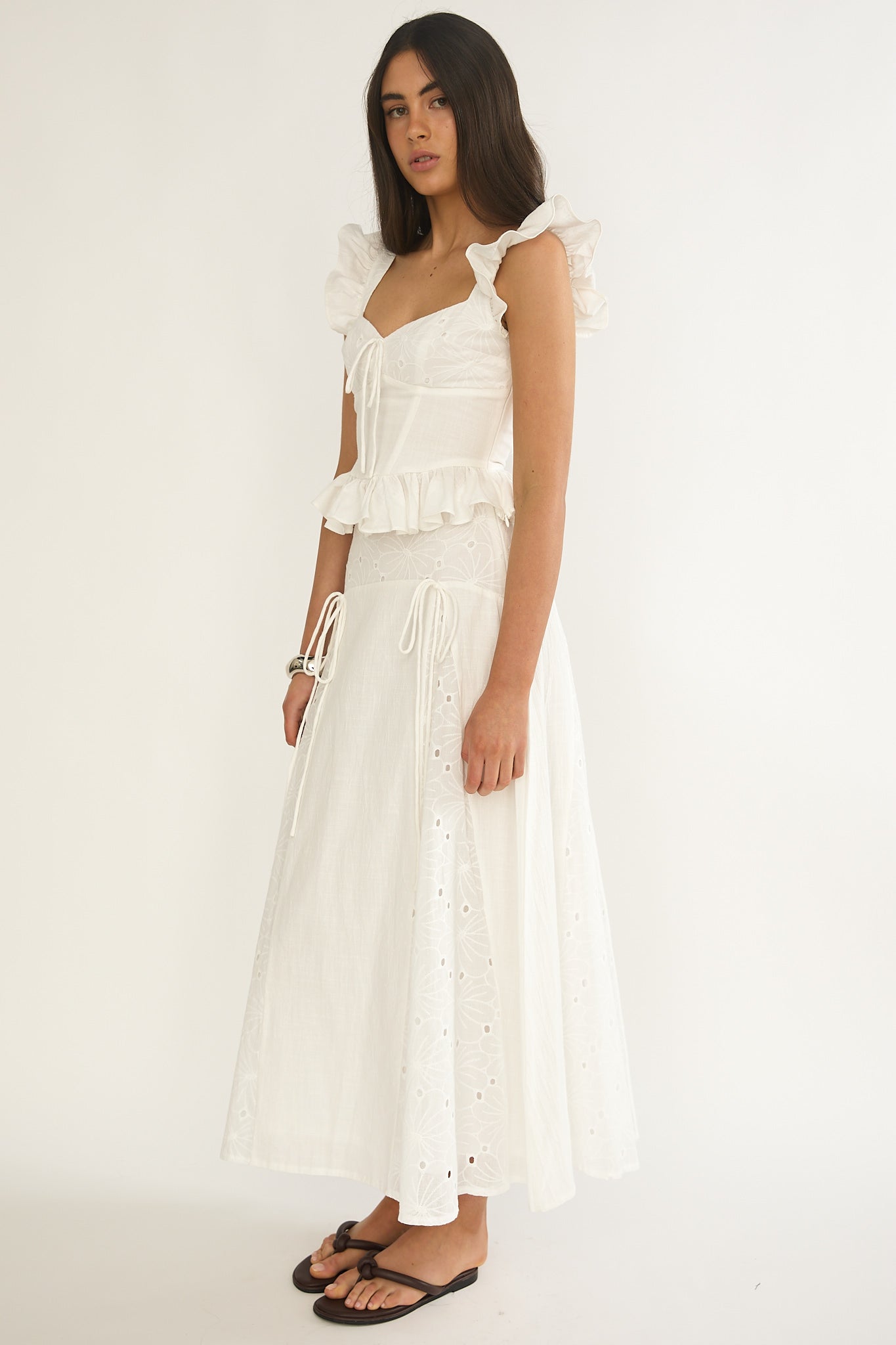 Danette String Tie Embroidery Maxi Skirt White by Selfie Leslie