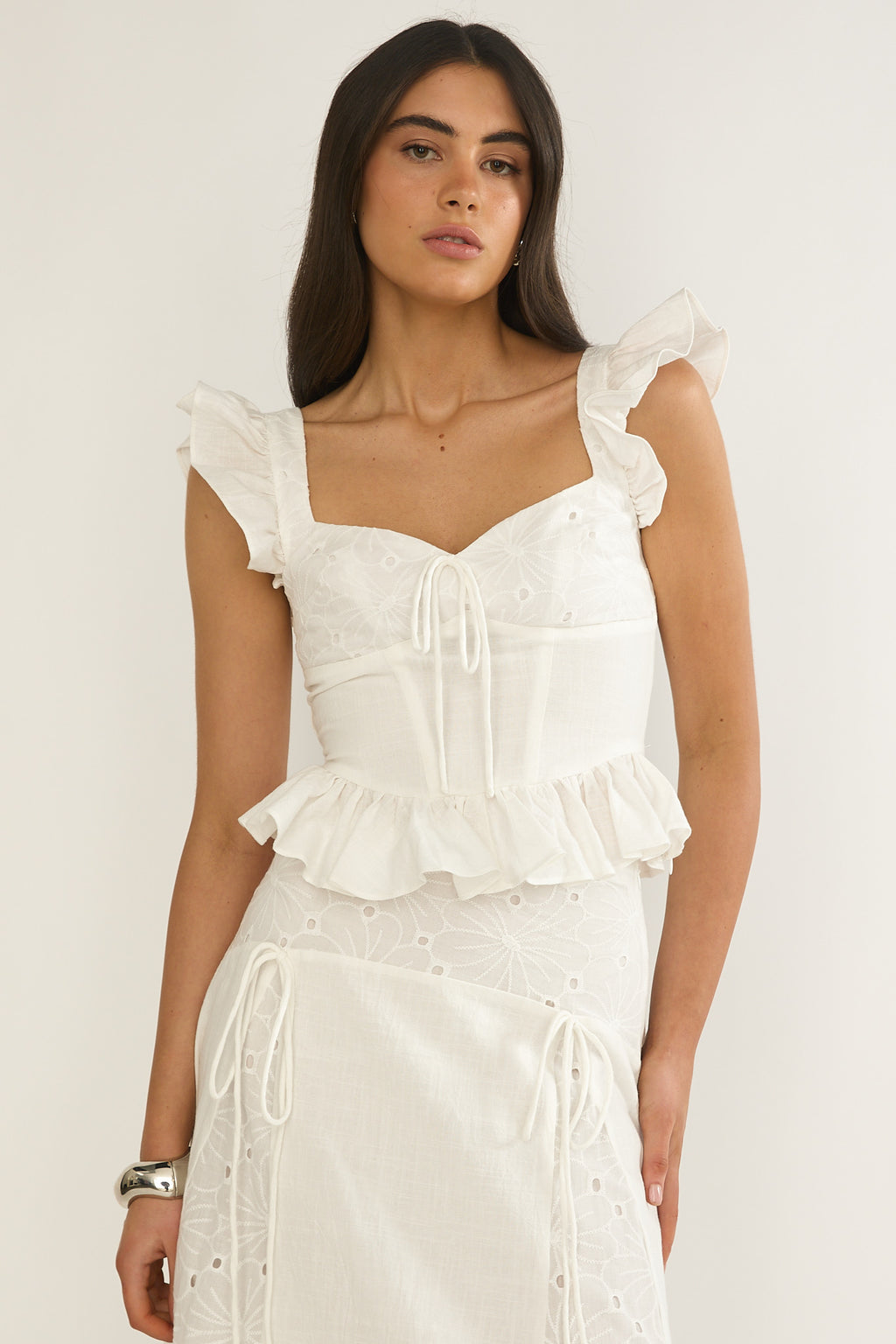 Danette Frill Trim Embroidery Top White by Selfie Leslie
