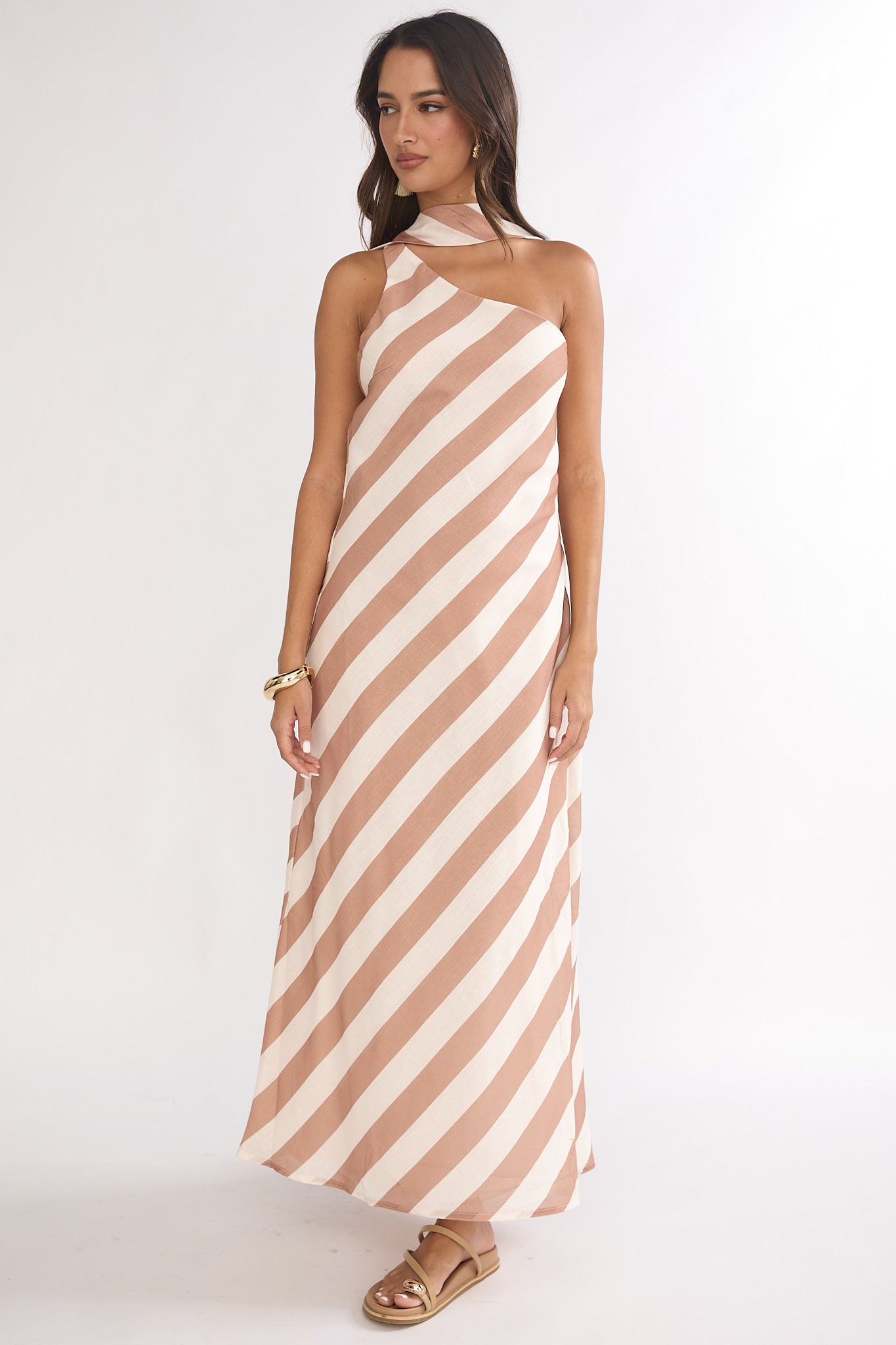 Mirona One Shoulder Scarf Maxi Dress Stripe Camel | Selfie Leslie