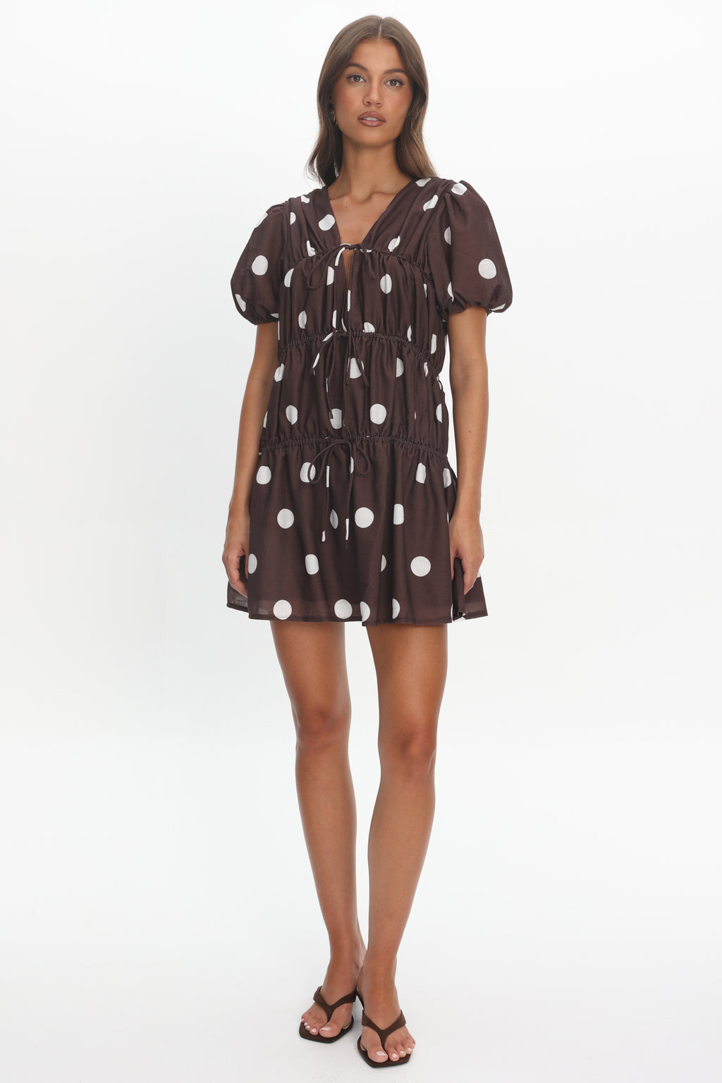 Antibes Tie Front Puff Sleeve Mini Dress Chocolate/White