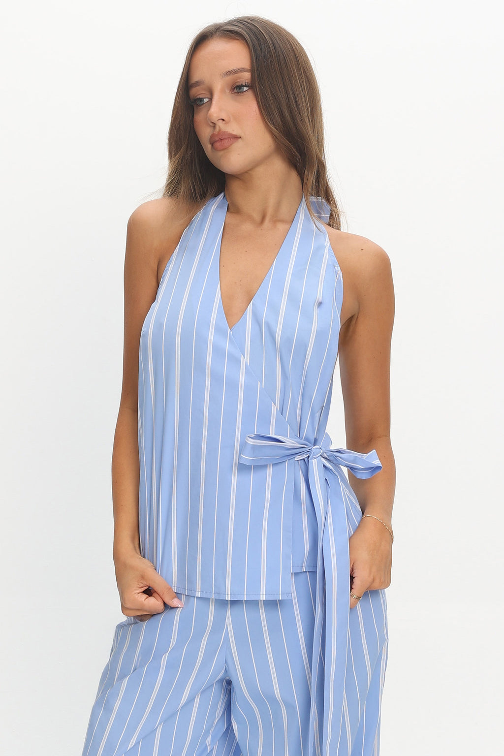 Teela Halter Wrap Top Stripe Blue