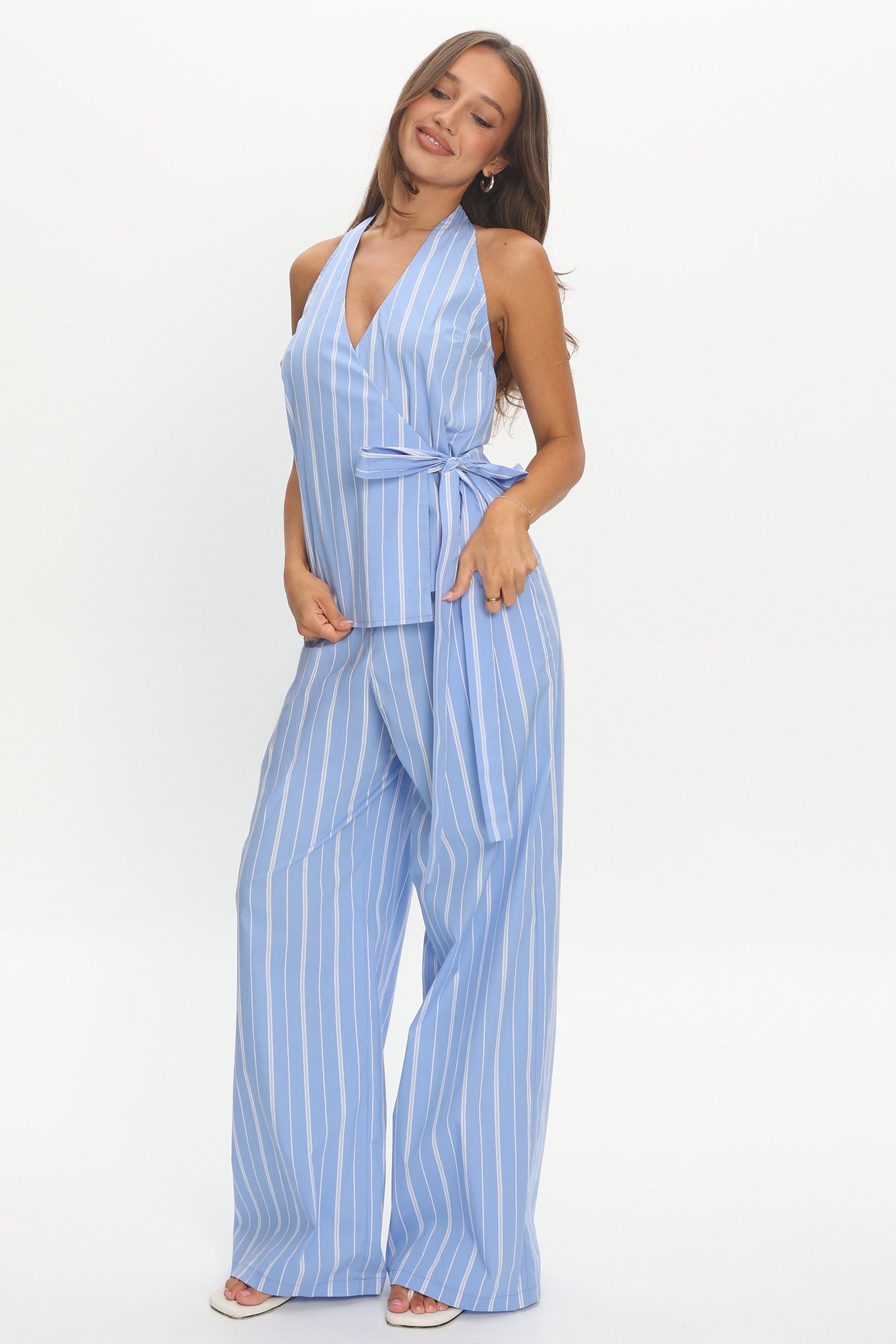 Teela Halter Wrap Top Stripe Blue