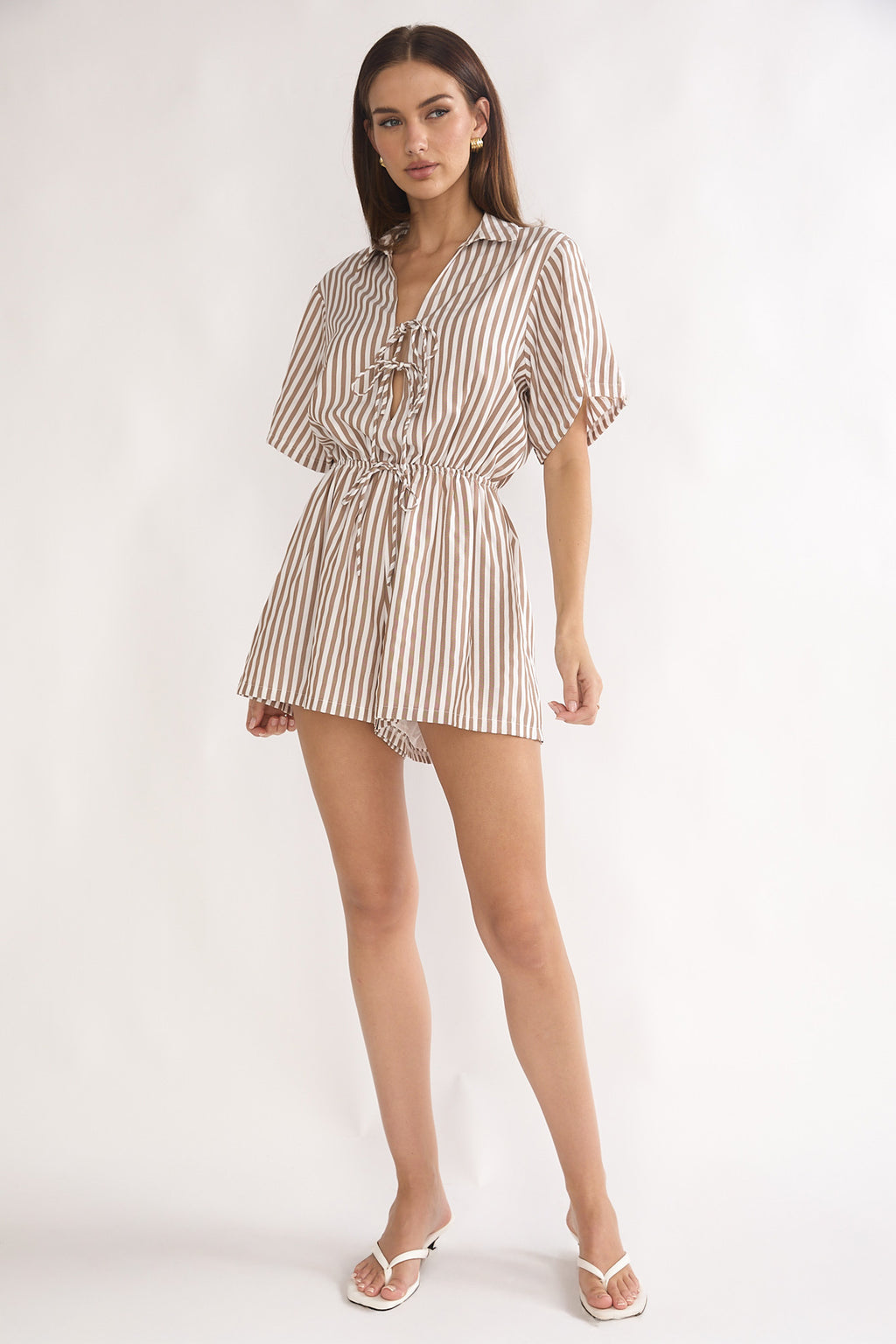 Devon Tie Front Romper Stripe Chocolate by Selfie Leslie
