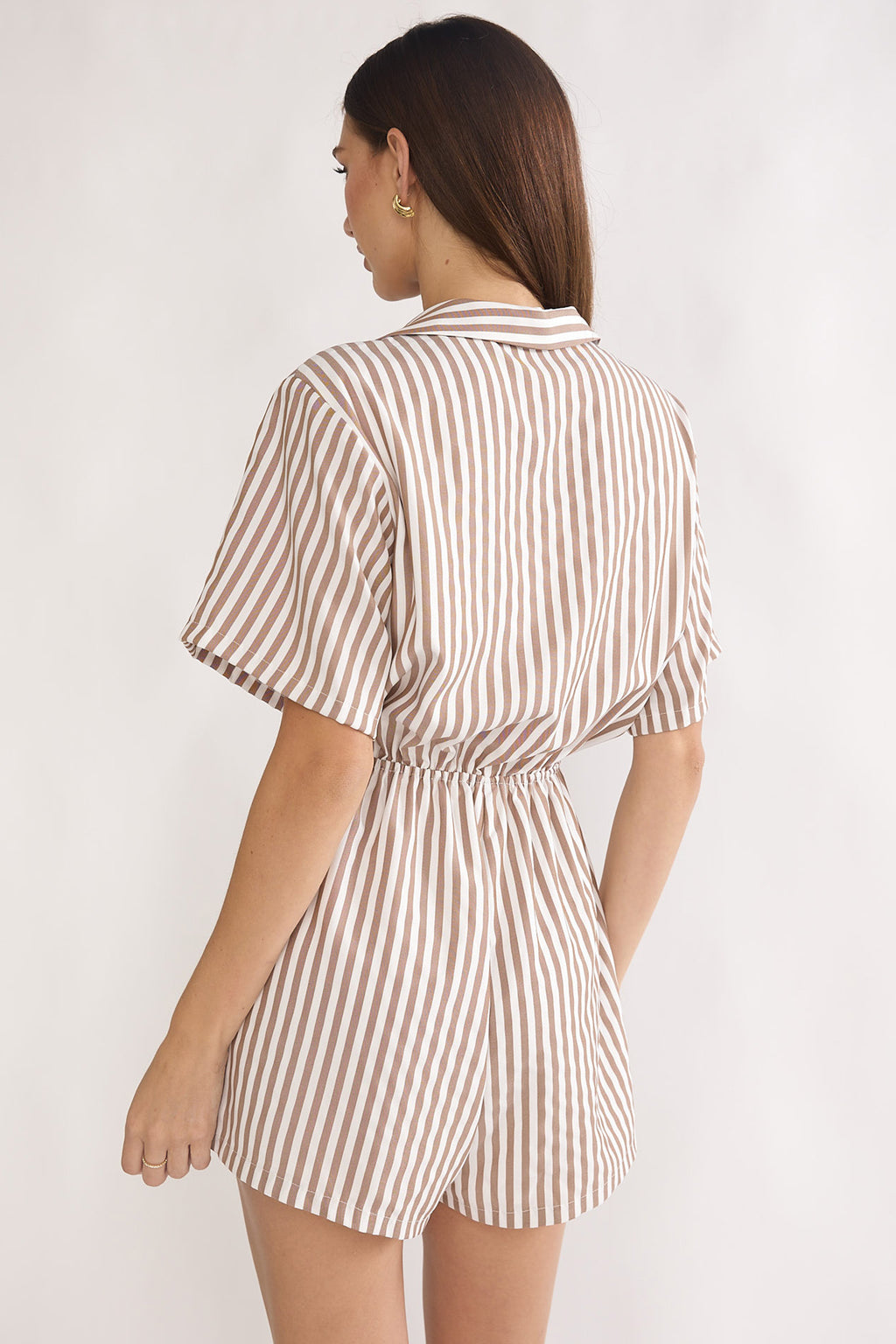 Devon Tie Front Romper Stripe Chocolate by Selfie Leslie