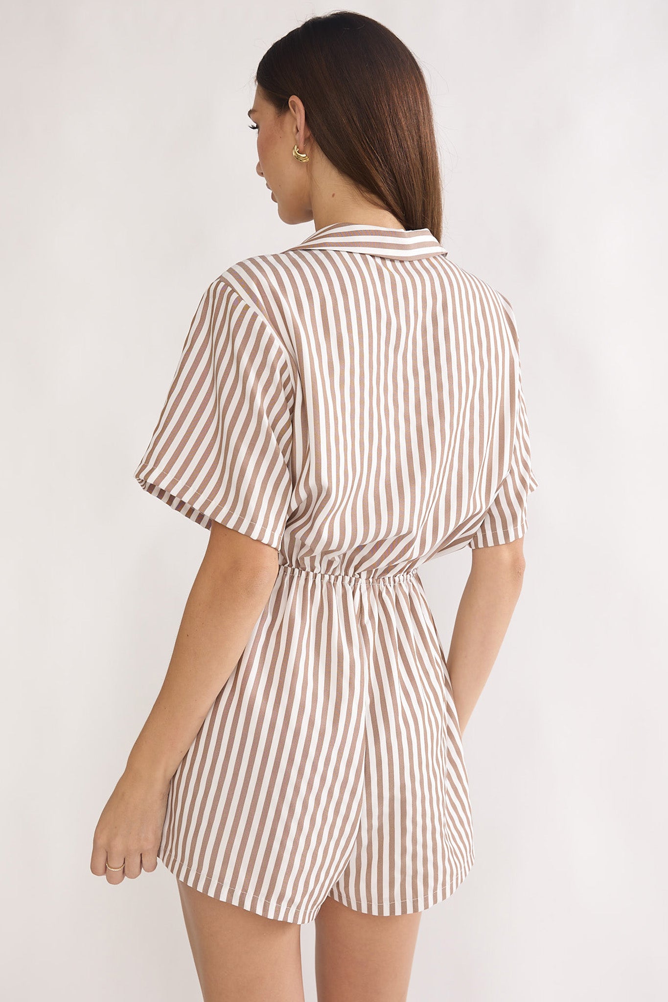Devon Tie Front Romper Stripe Chocolate by Selfie Leslie