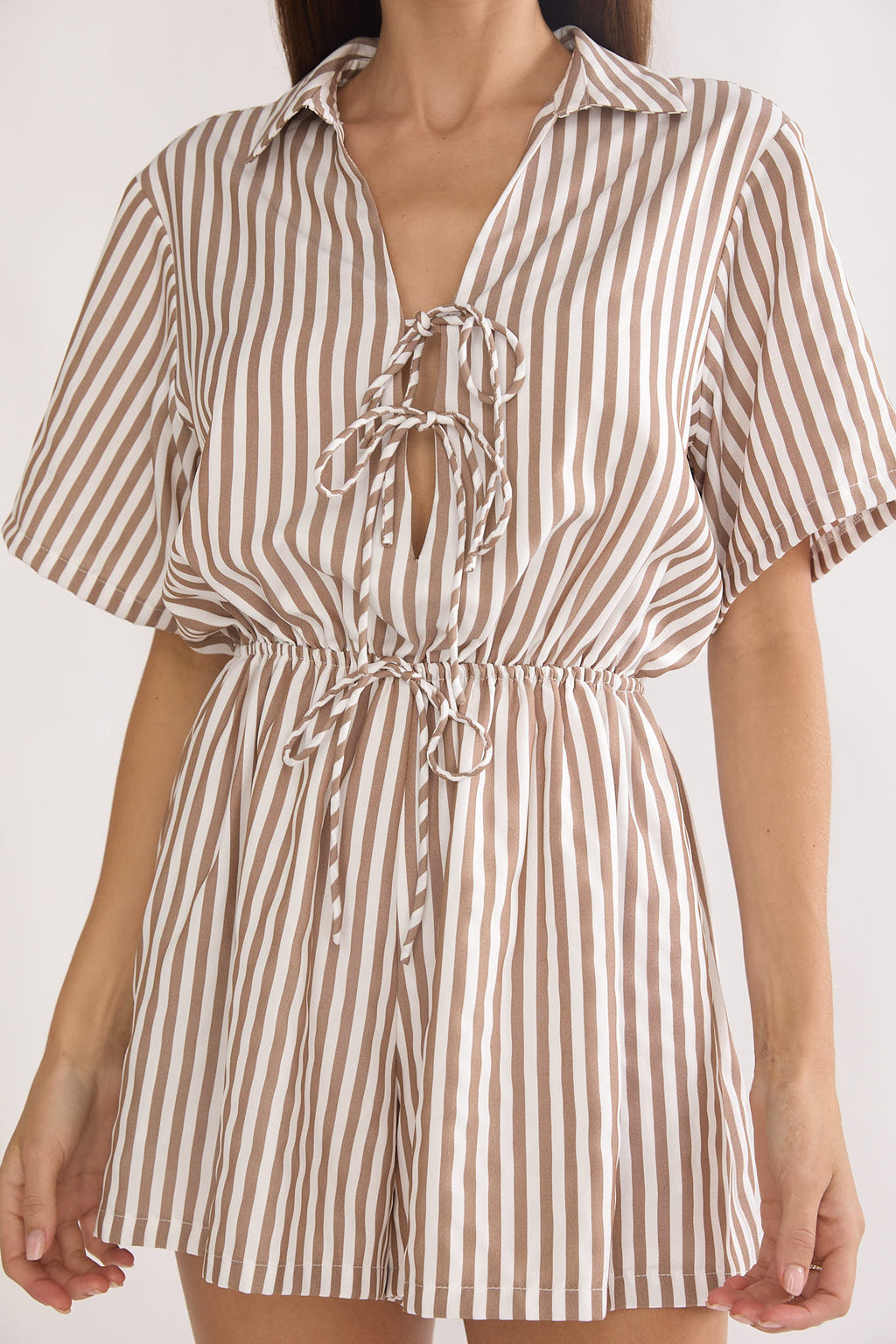 Devon Tie Front Romper Stripe Chocolate by Selfie Leslie