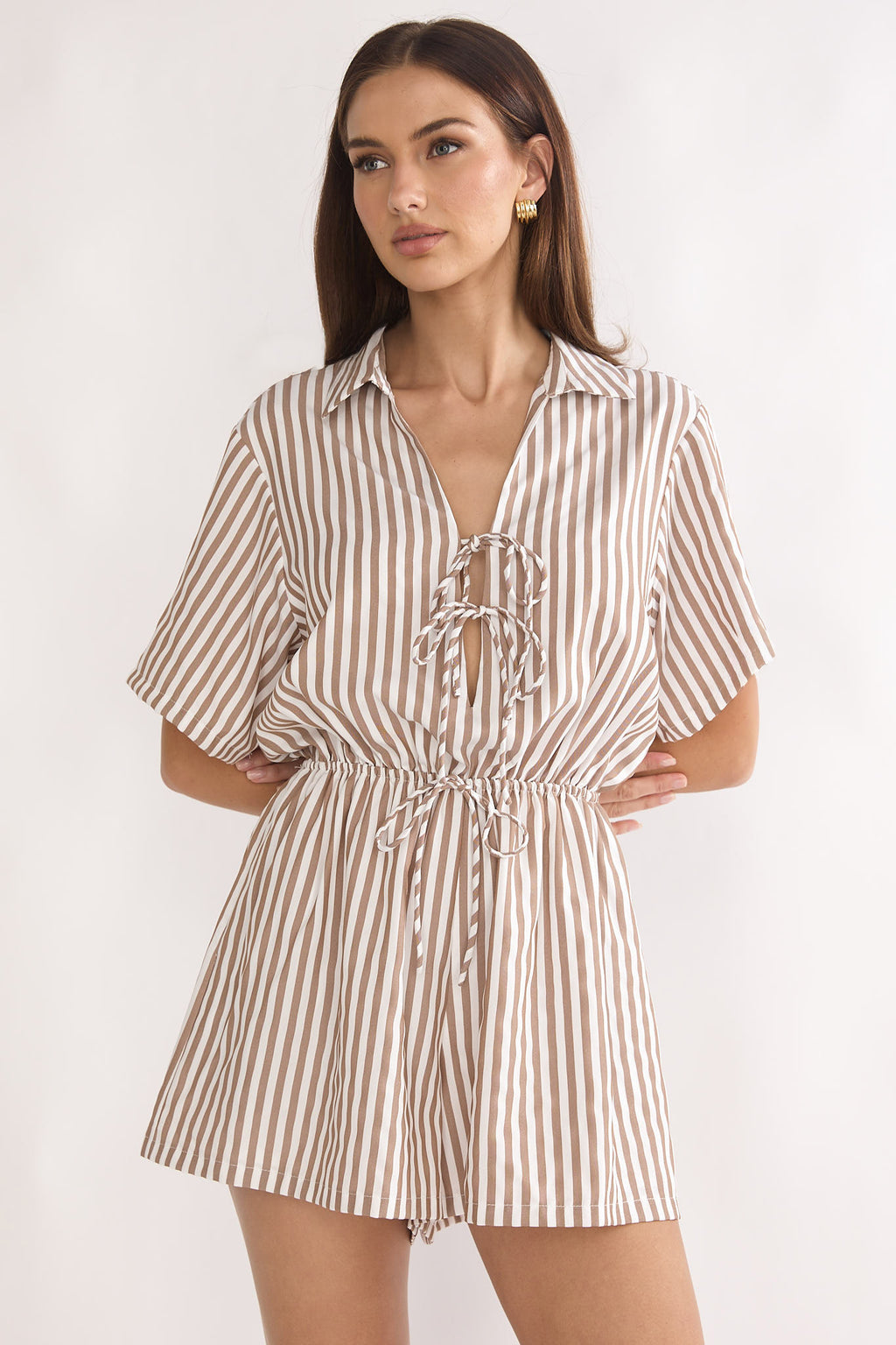 Devon Tie Front Romper Stripe Chocolate by Selfie Leslie