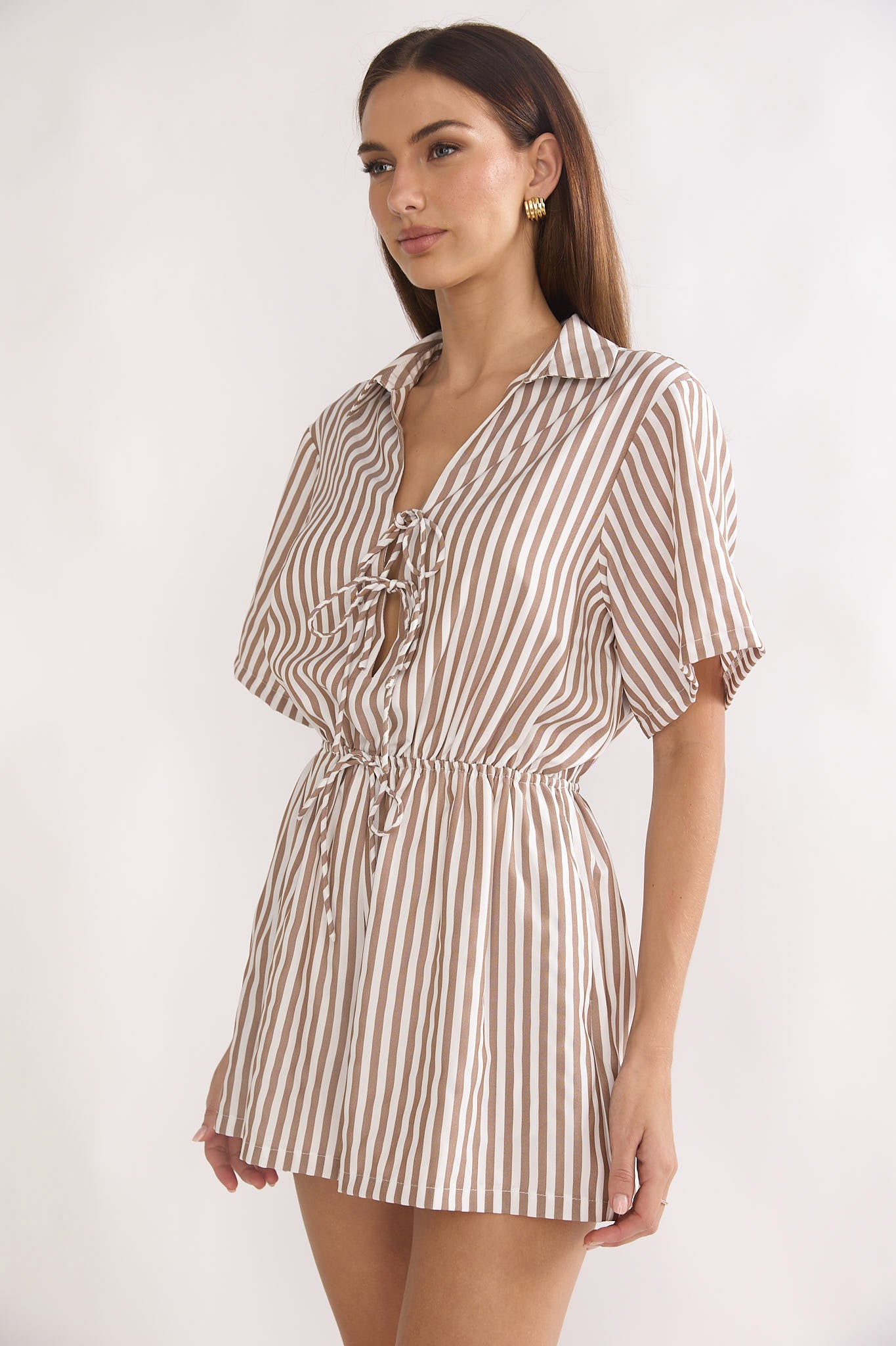 Devon Tie Front Romper Stripe Chocolate by Selfie Leslie