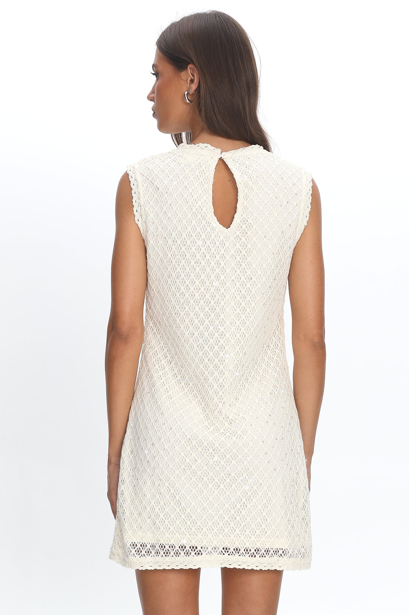 sleeveless shift dress Alvena Crochet Lace Shift Dress Sequin White