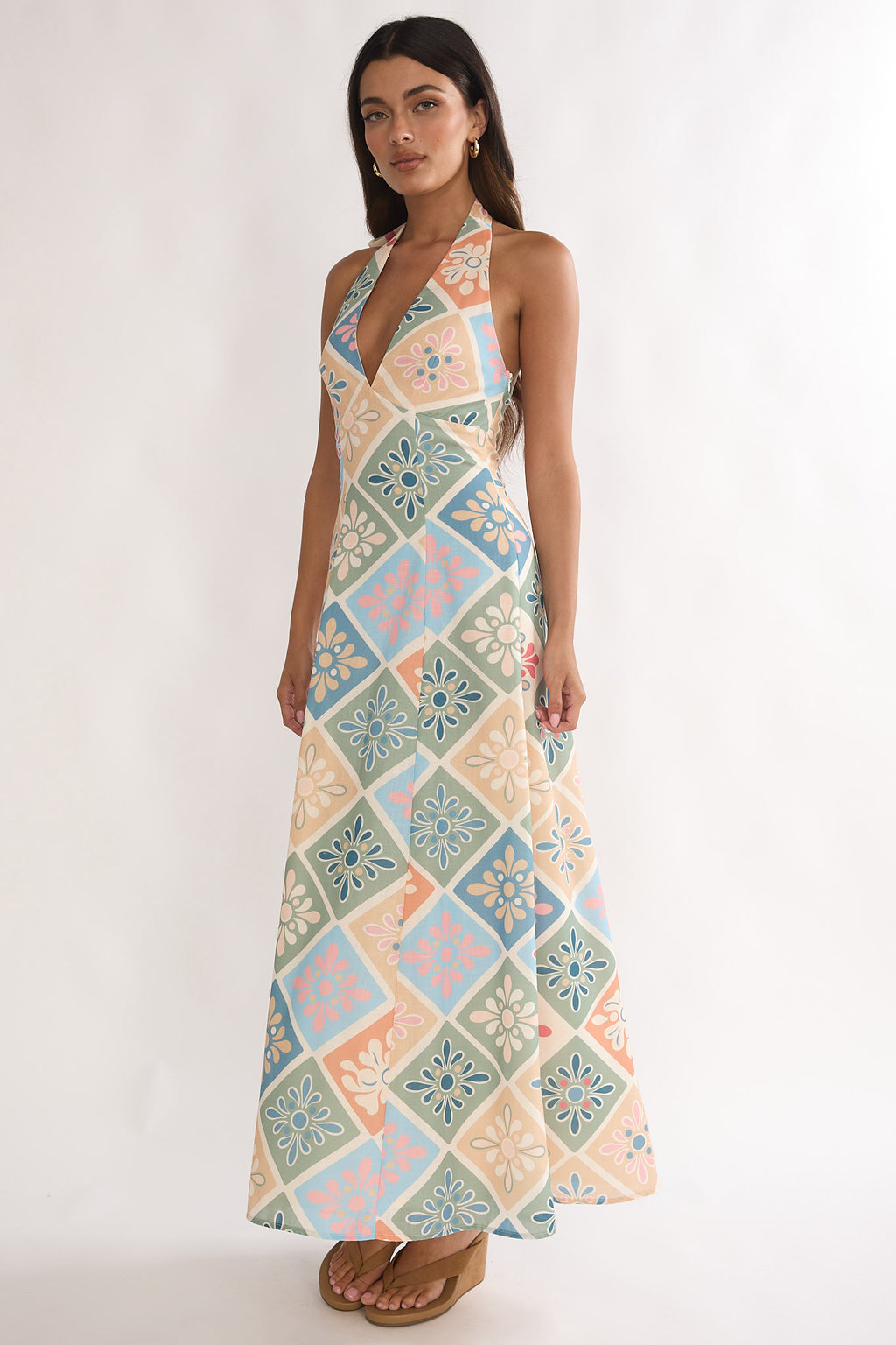 Nolara A-Line Halterneck Maxi Dress Green Multi | Selfie Leslie