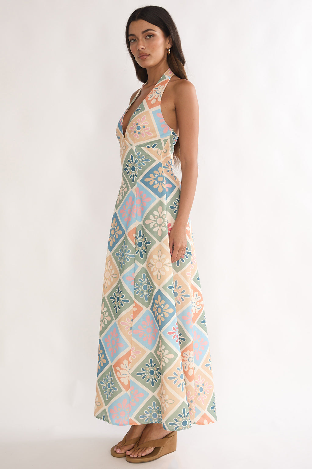 Nolara A-Line Halterneck Maxi Dress Green Multi