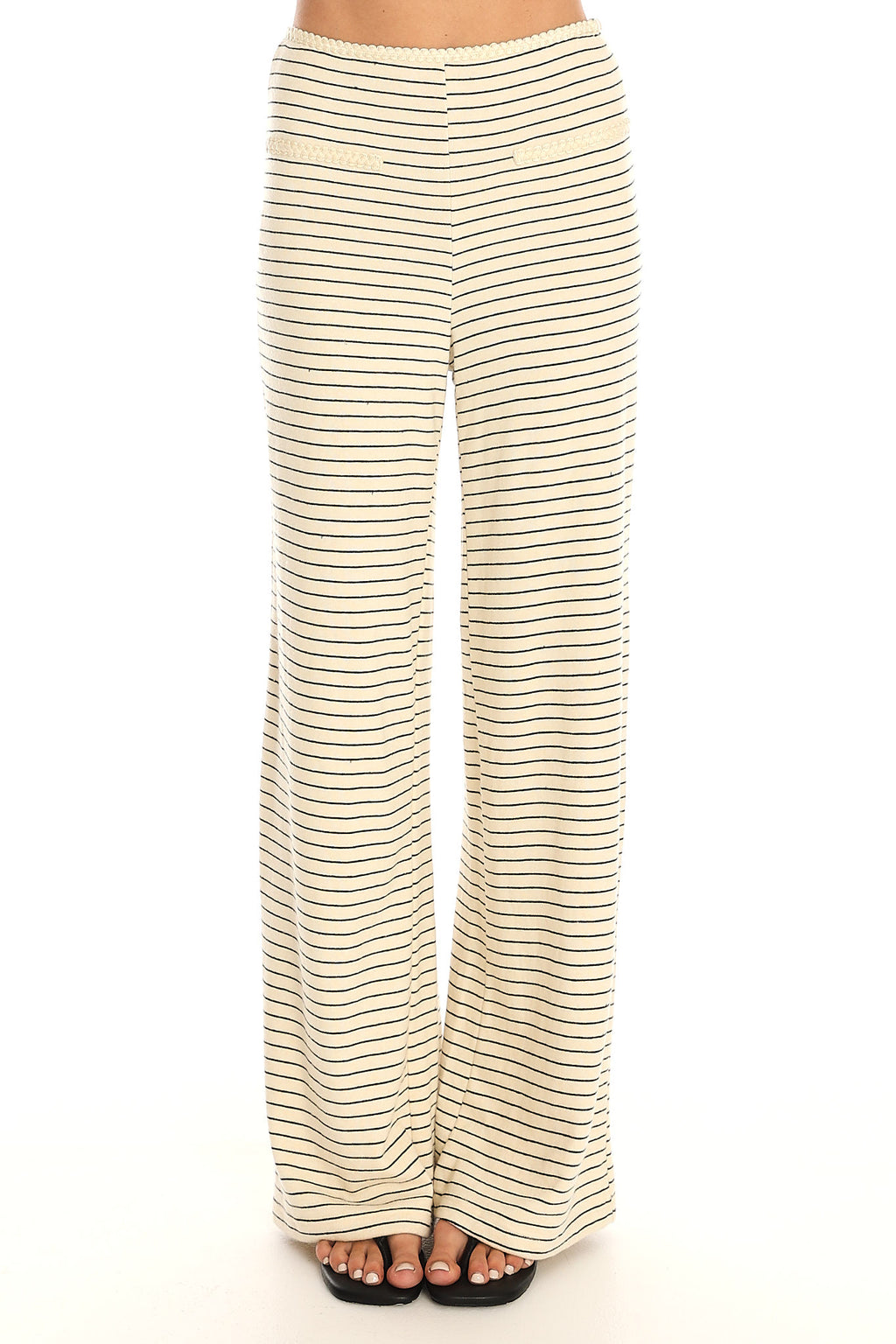 Hallina Braid-Trim Striped Wide Leg Trousers Beige