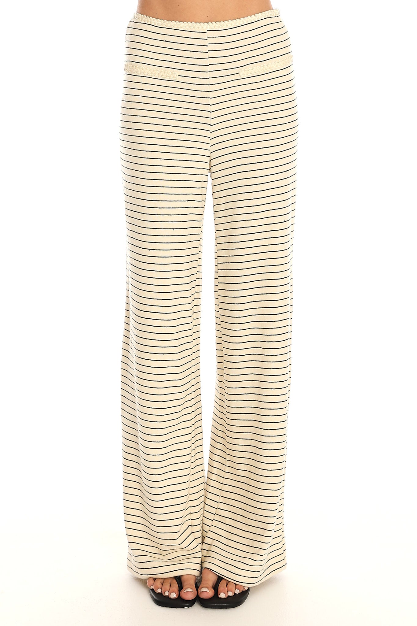 Hallina Braid-Trim Striped Wide Leg Trousers Beige