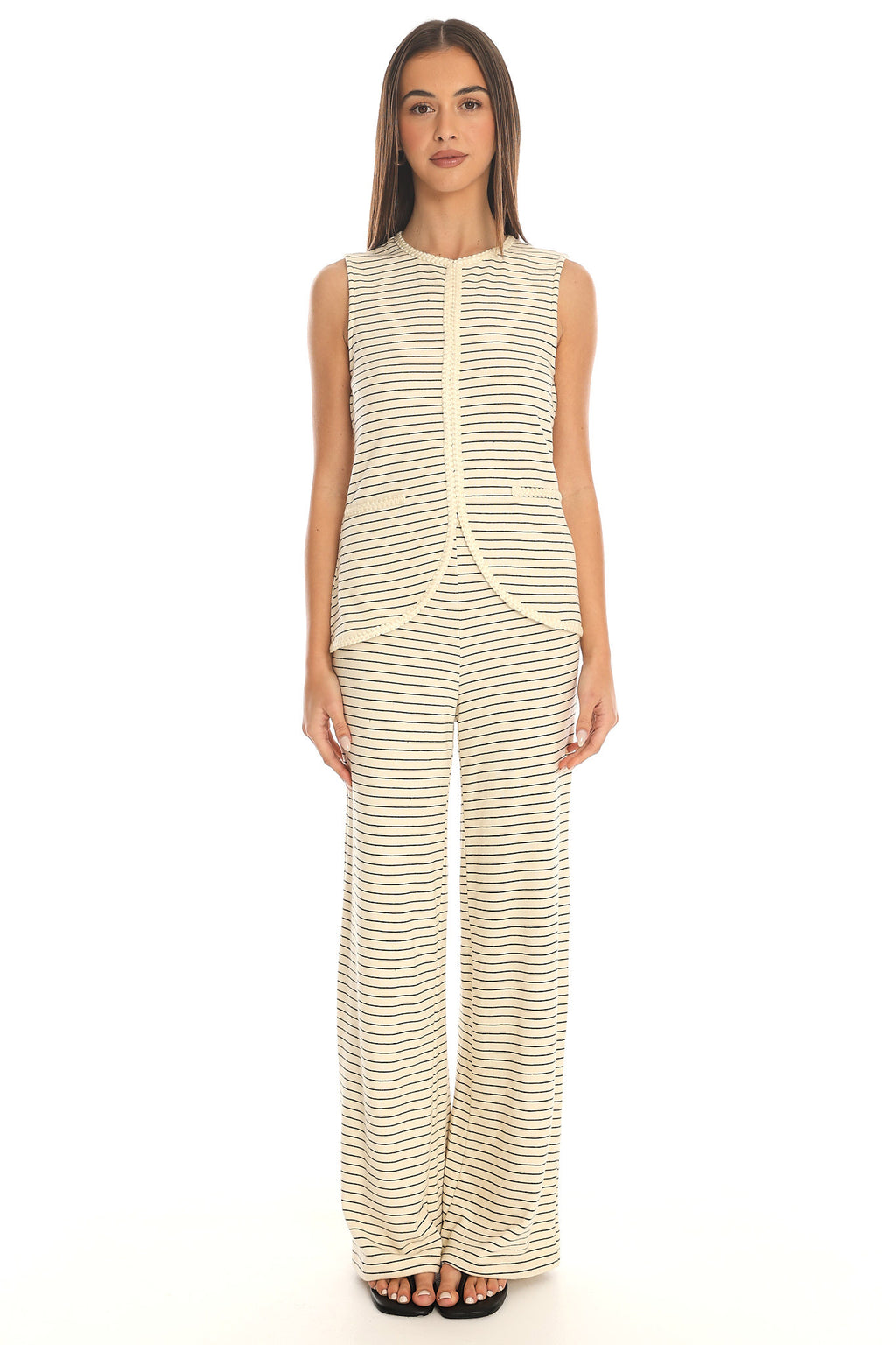 Hallina Braid-Trim Striped Wide Leg Trousers Beige
