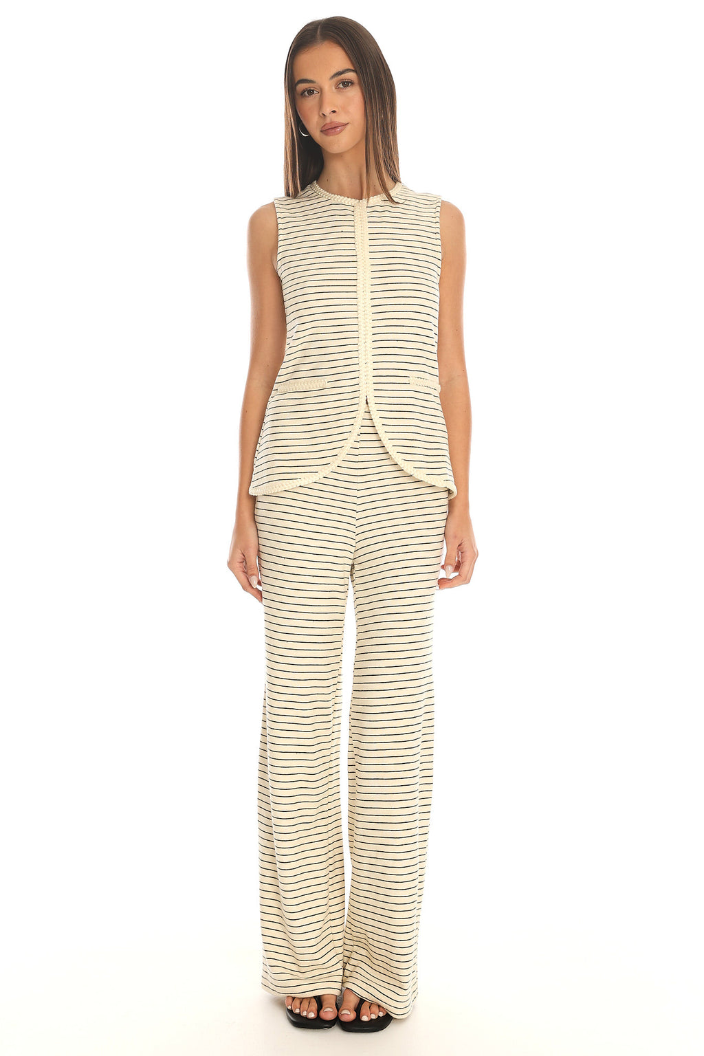 Hallina Braid-Trim Striped Wide Leg Trousers Beige