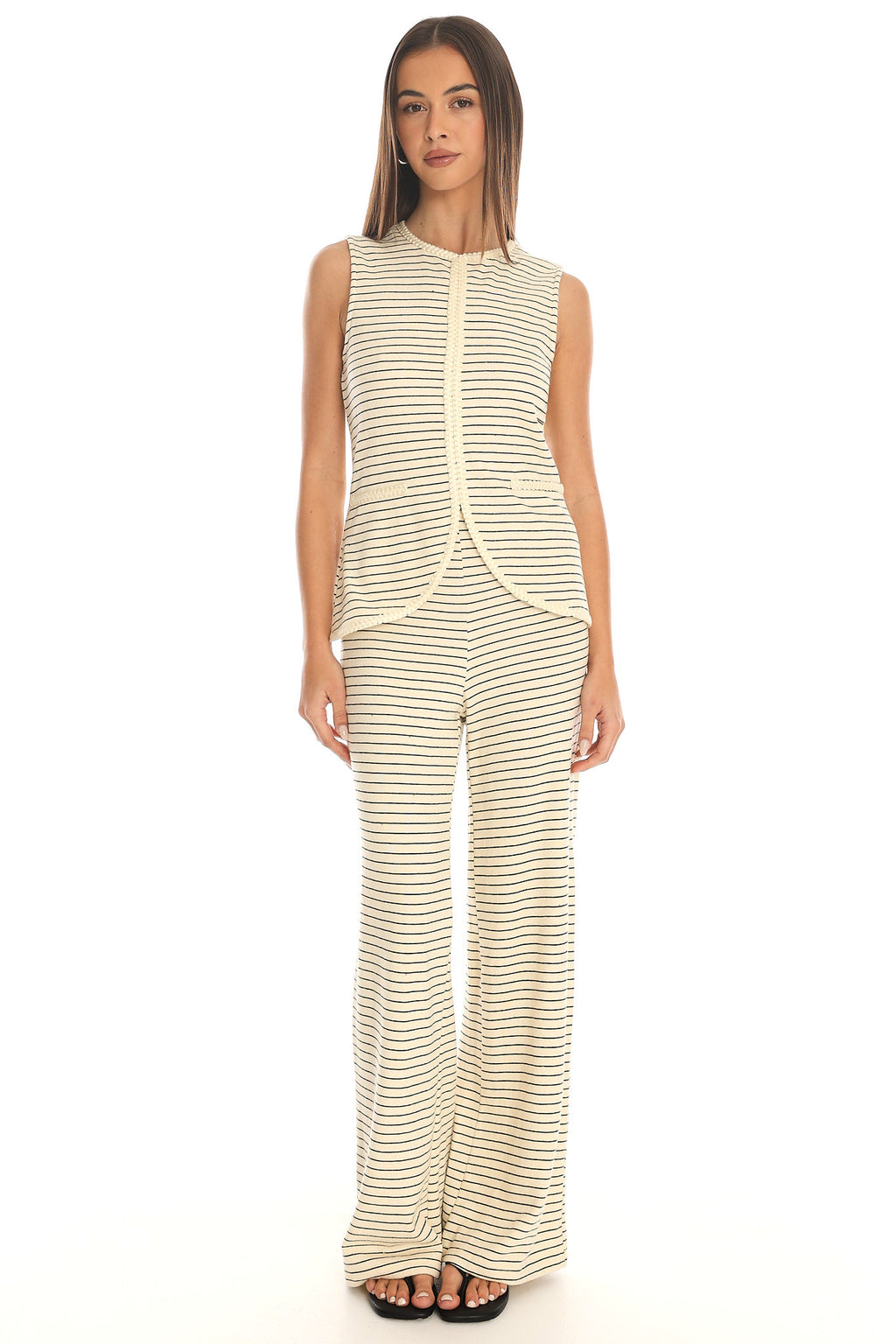Halina Braid-Trim Striped Vest Top Beige