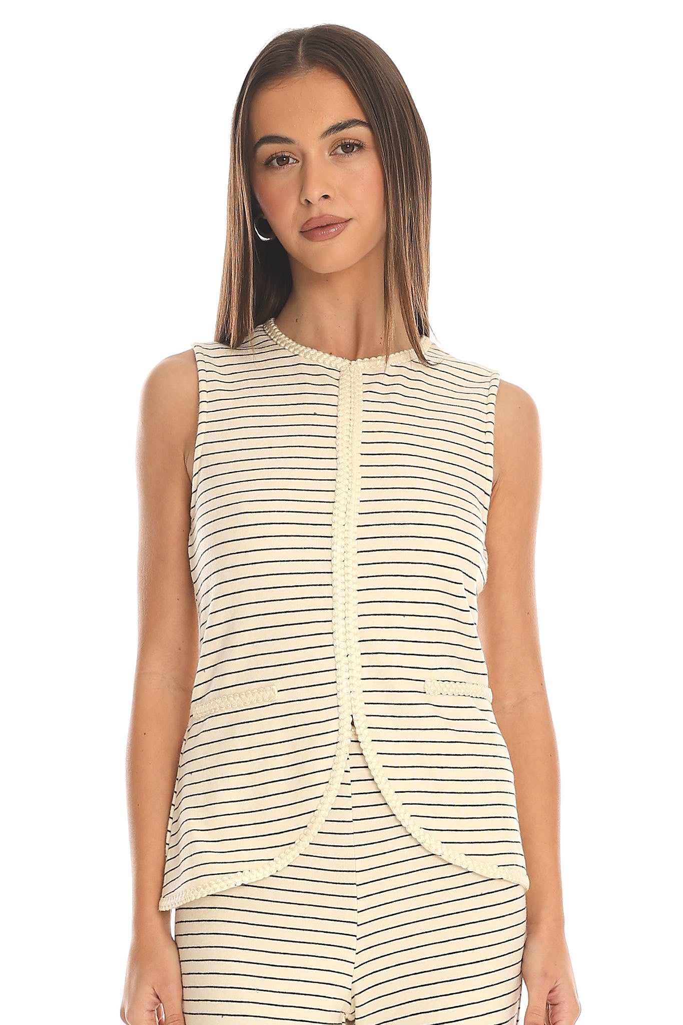 Halina Braid-Trim Striped Vest Top Beige