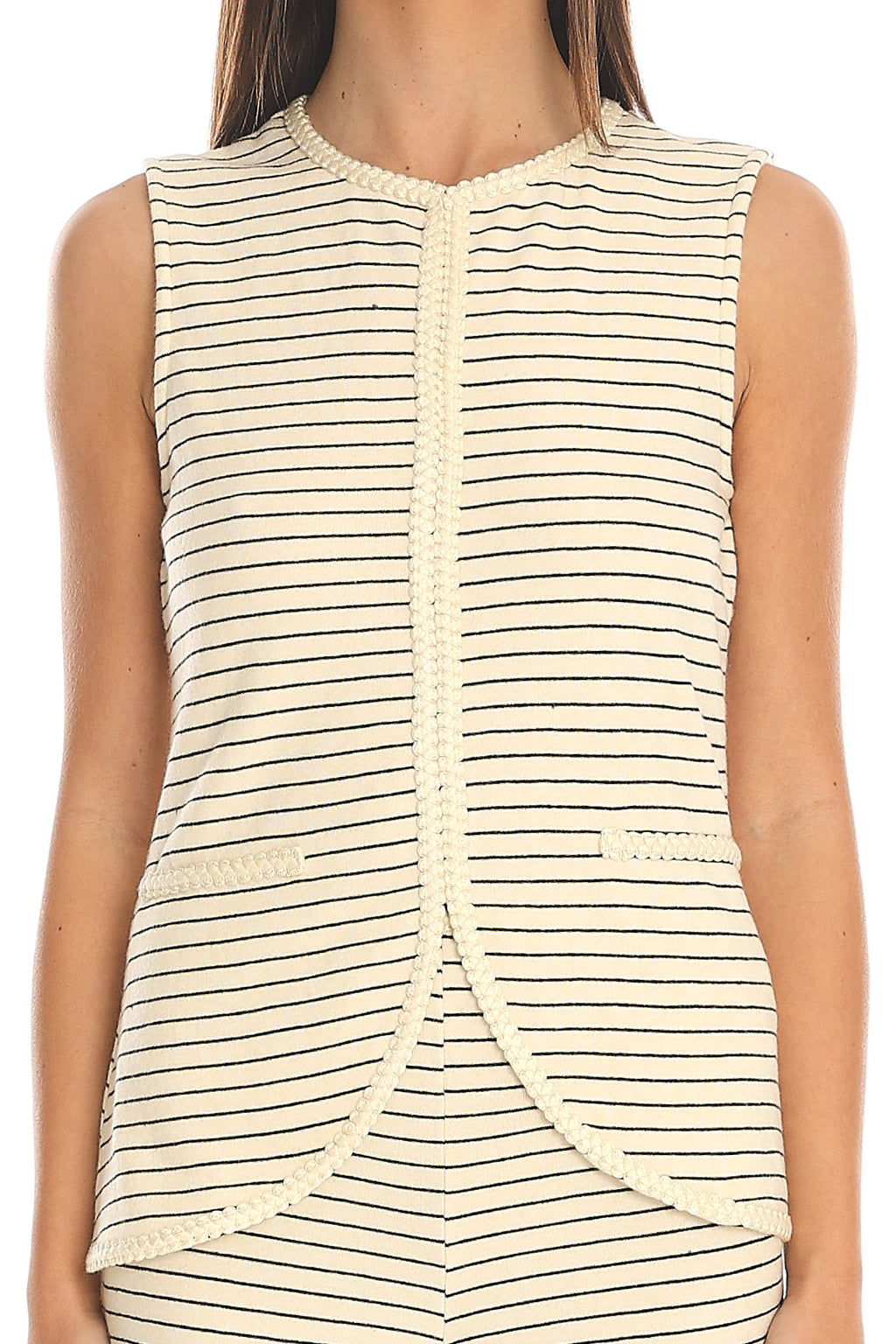 Halina Braid-Trim Striped Vest Top Beige