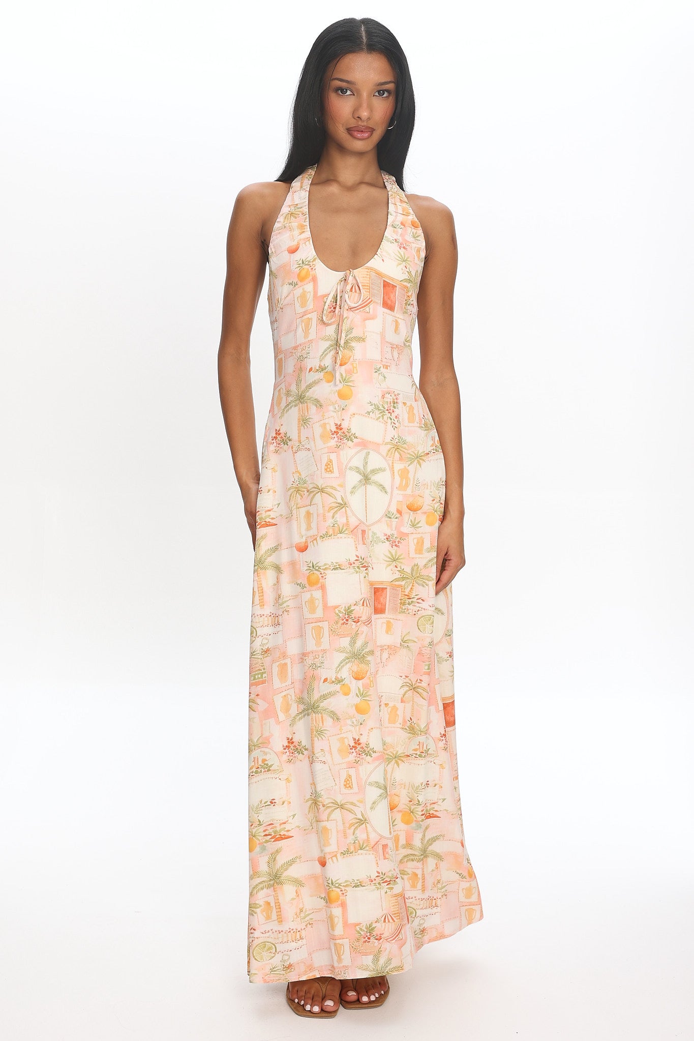 Golden Hour Beach Halterneck Maxi Dress Print Apricot | Selfie Leslie