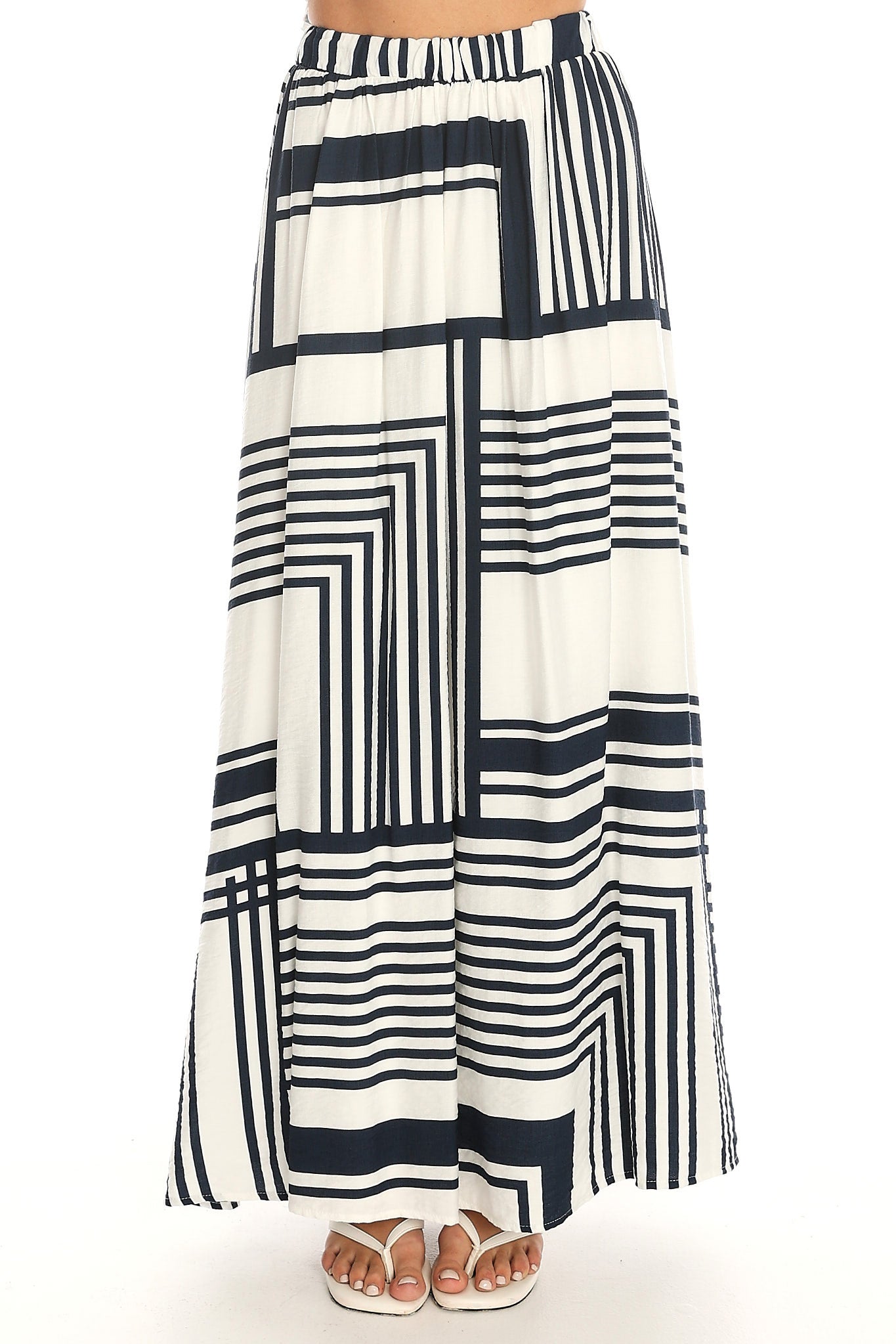 Tarrah Geometric Stripe Maxi Skirt Navy