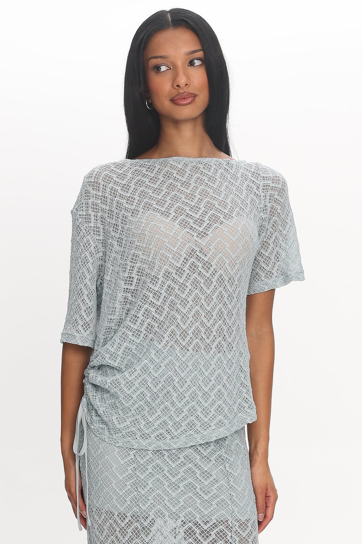 Sidibe Ruched Side Crochet Top Light Blue