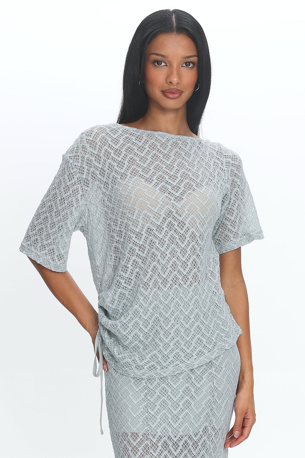 Sidibe Ruched Side Crochet Top Light Blue