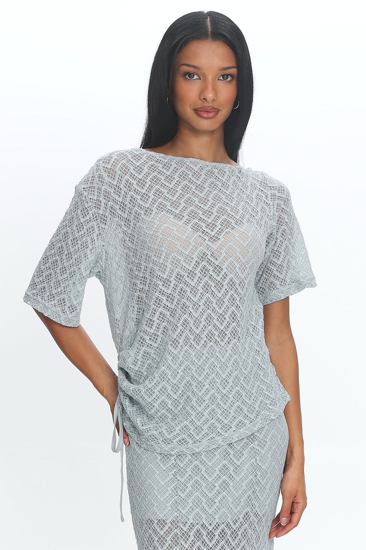 Sidibe Ruched Side Crochet Top Light Blue