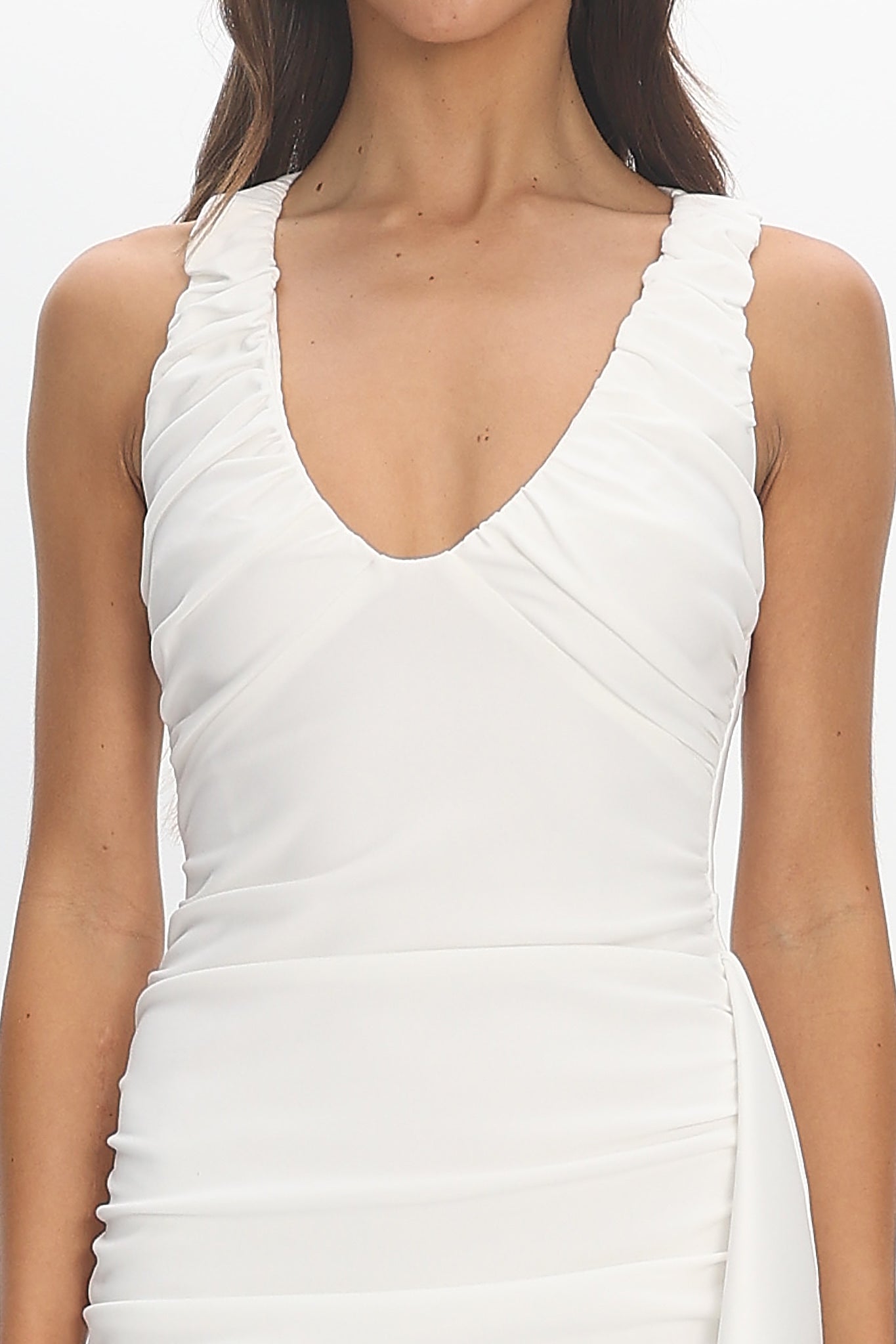 white slinky ruched sleeveless bodycon dress High Neck Ruched Side Sleeveless Mini Bodycon Dress In White Slinky | EGO US