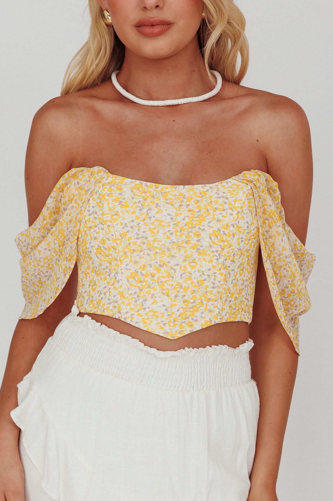 Brandy Off-Shoulder Pointed Hem Crop Top Mottled Print Yellow by Selfie Leslie