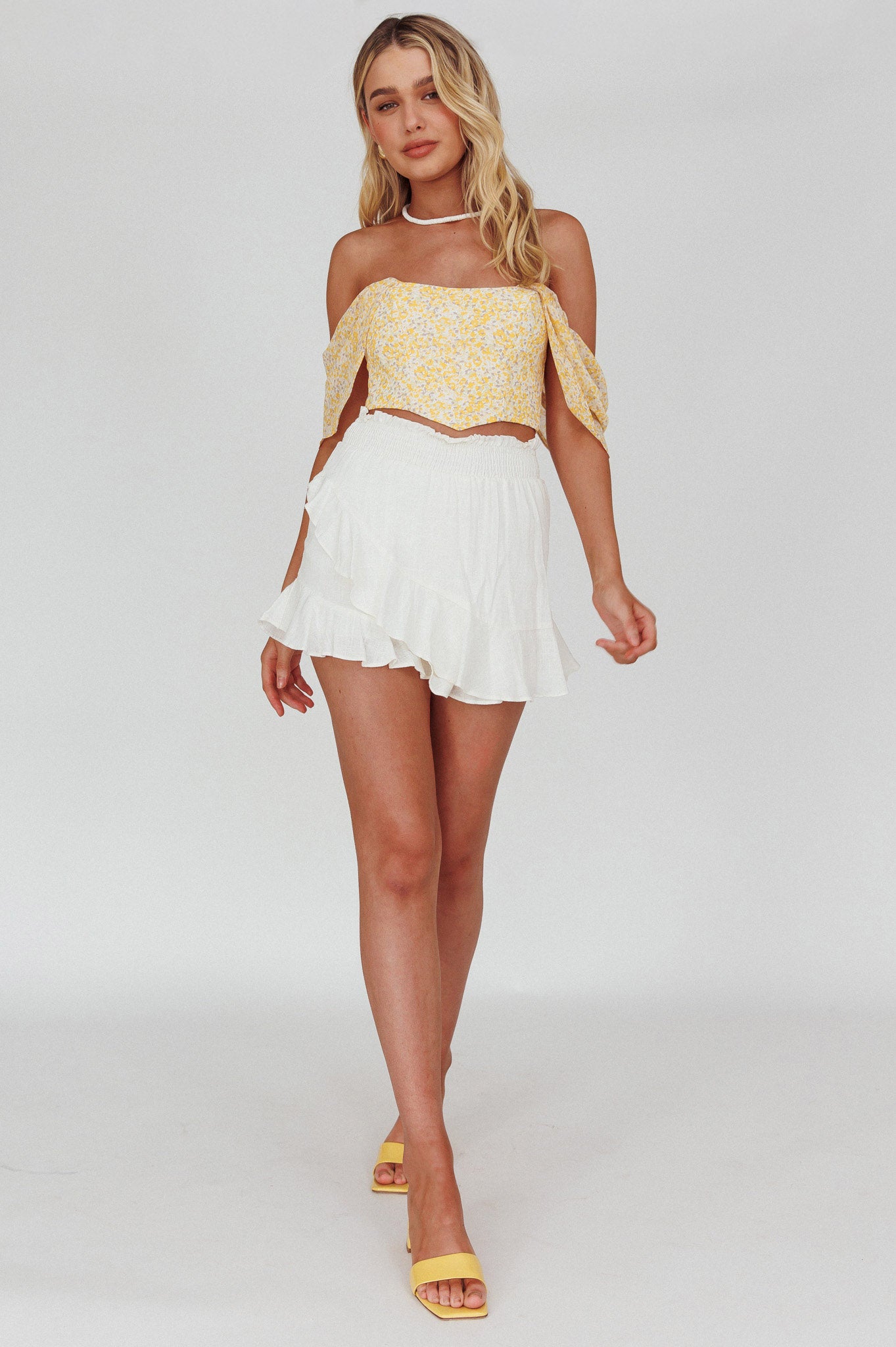 Brandy Off-Shoulder Pointed Hem Crop Top Mottled Print Yellow by Selfie Leslie