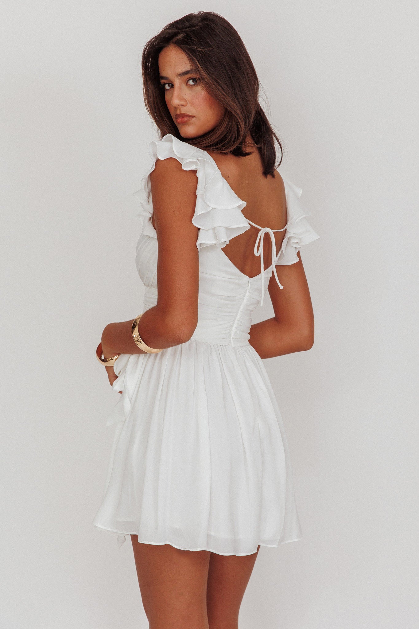 Lola Ruffle Shoulder Ruched Dress White | Selfie Leslie