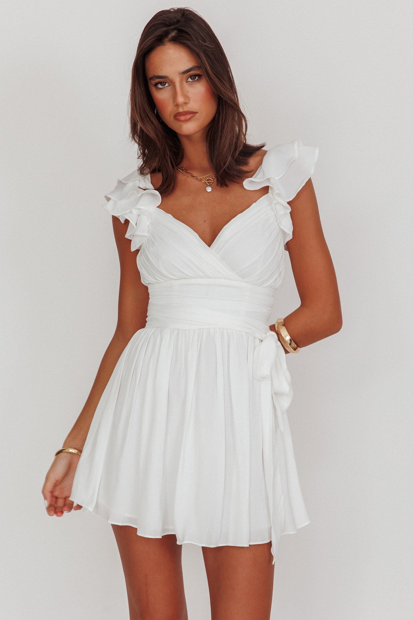 Shop the Lola Ruffle Shoulder Ruched Dress White