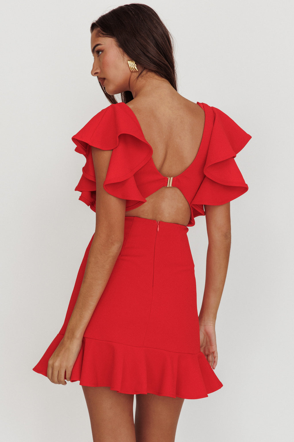 Cupid's Bow V-Neckline Ruffle Shoulder Bodycon Dress Red by Selfie Leslie