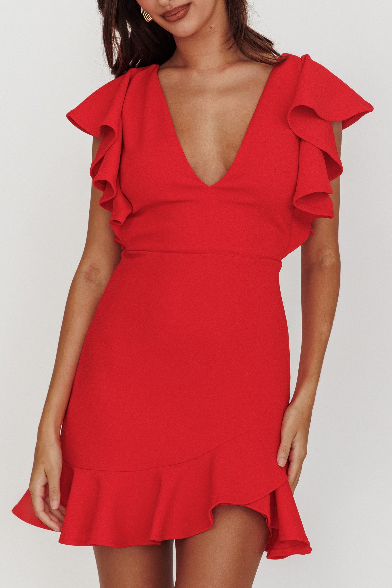 Cupid's Bow V-Neckline Ruffle Shoulder Bodycon Dress Red by Selfie Leslie