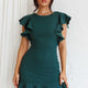 Cupid's Bow Ruffle Shoulder Bodycon Dress Forest Green