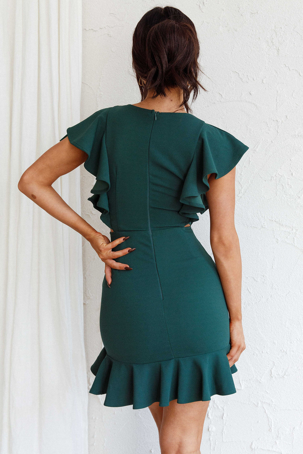 Cupid's Bow Ruffle Shoulder Bodycon Dress Forest Green by Selfie Leslie