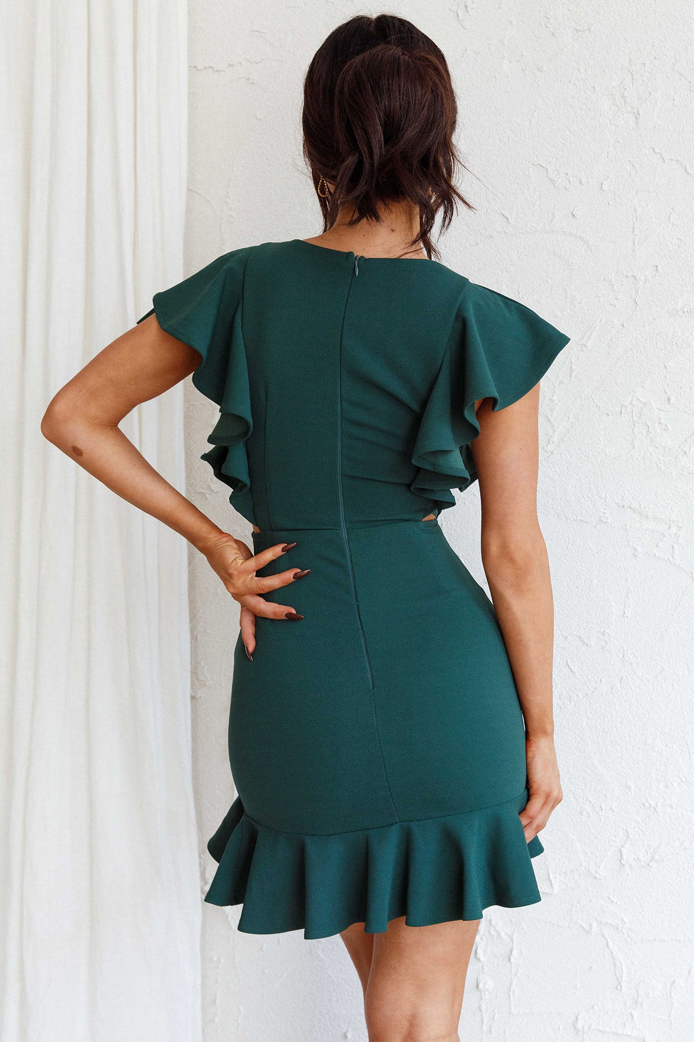 Cupid's Bow Ruffle Shoulder Bodycon Dress Forest Green by Selfie Leslie