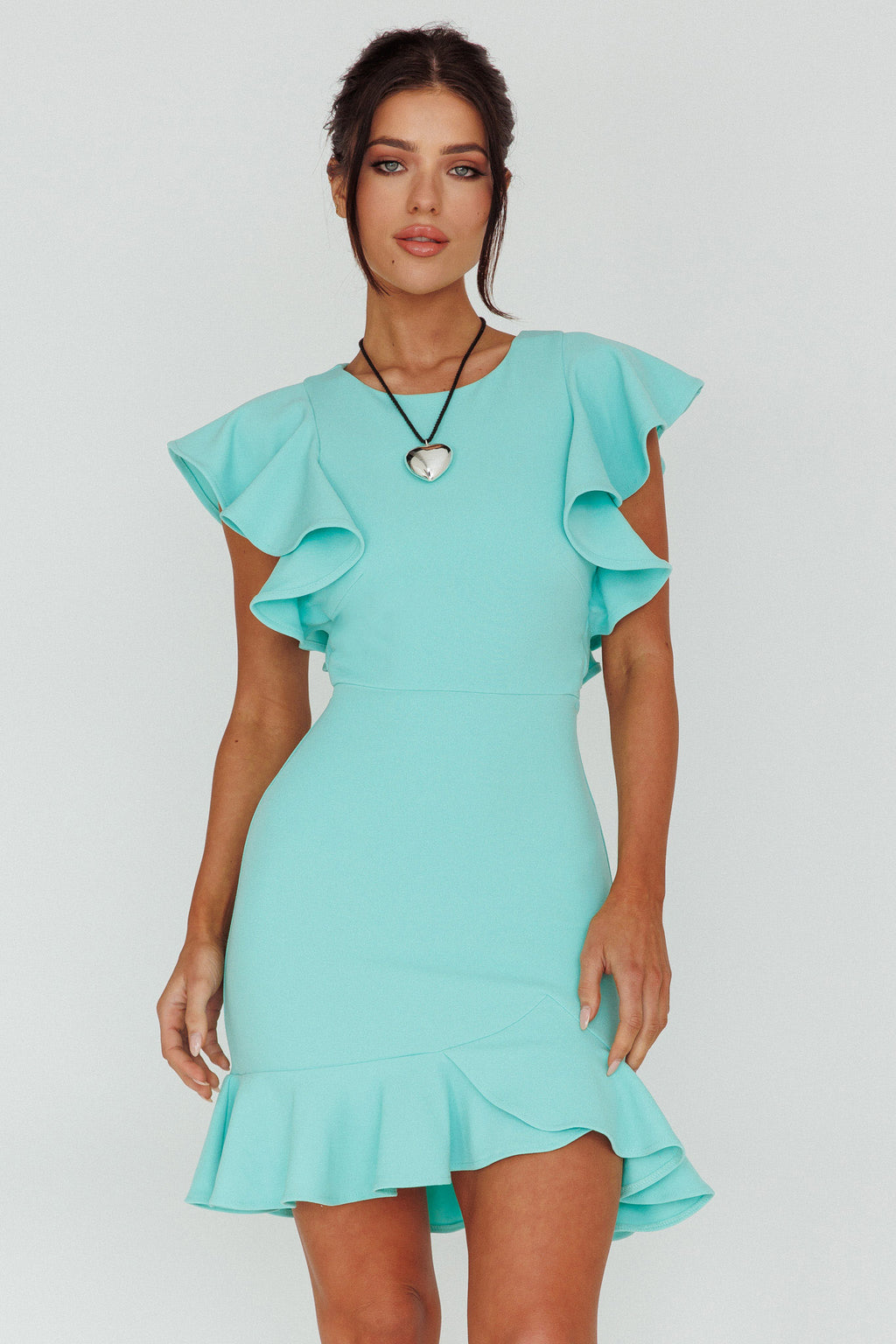 Cupid's Bow Ruffle Shoulder Bodycon Dress Teal by Selfie Leslie