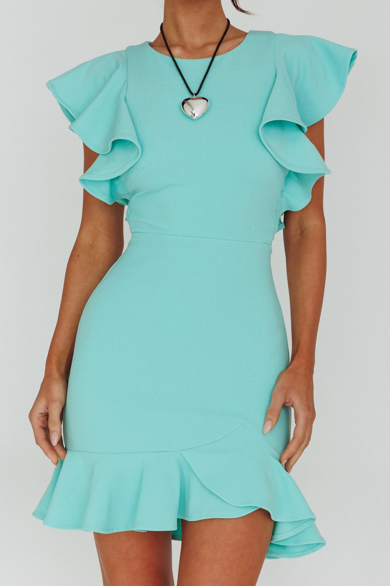 Cupid's Bow Ruffle Shoulder Bodycon Dress Teal by Selfie Leslie