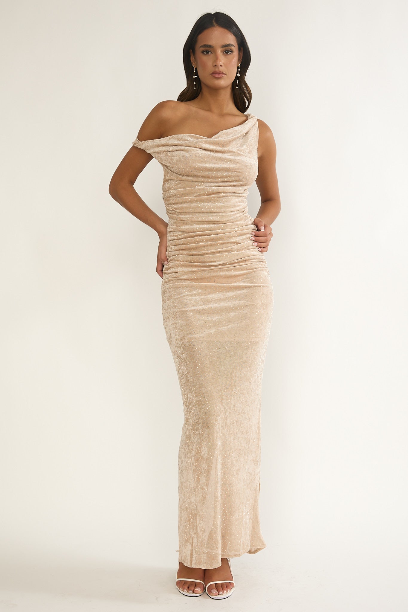Callen Cowl Ruched Maxi Dress Champagne Silver S