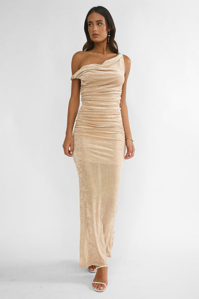 Callen Cowl Ruched Maxi Dress Champagne Silver S