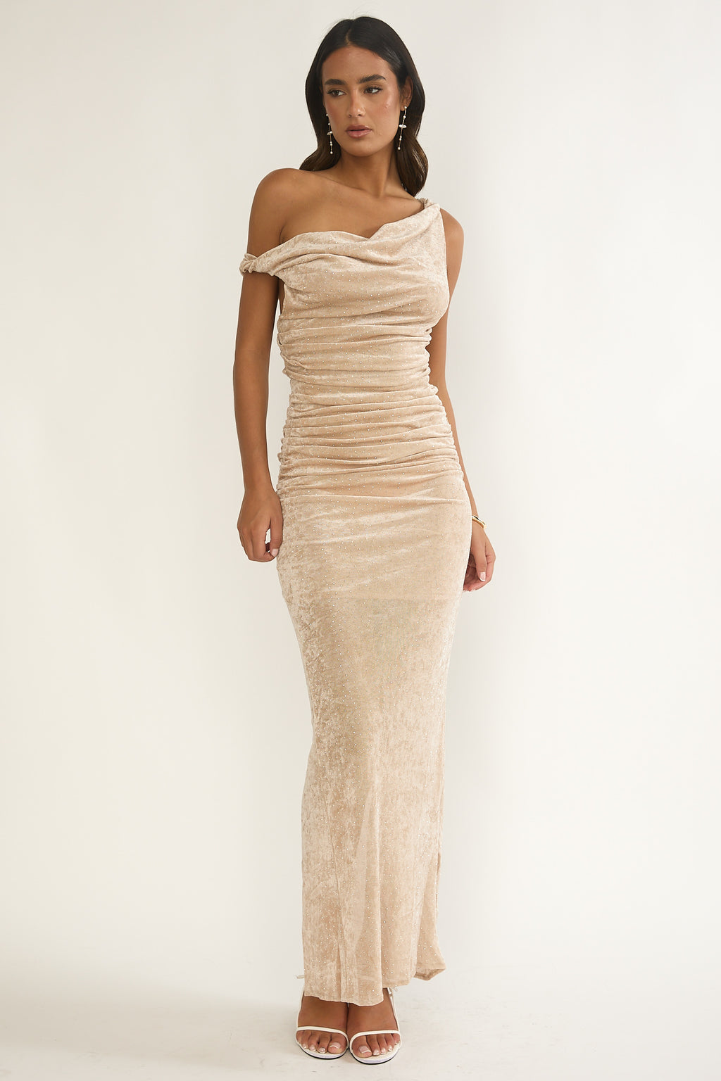 Callen Cowl Ruched Maxi Dress Champagne Silver by Selfie Leslie