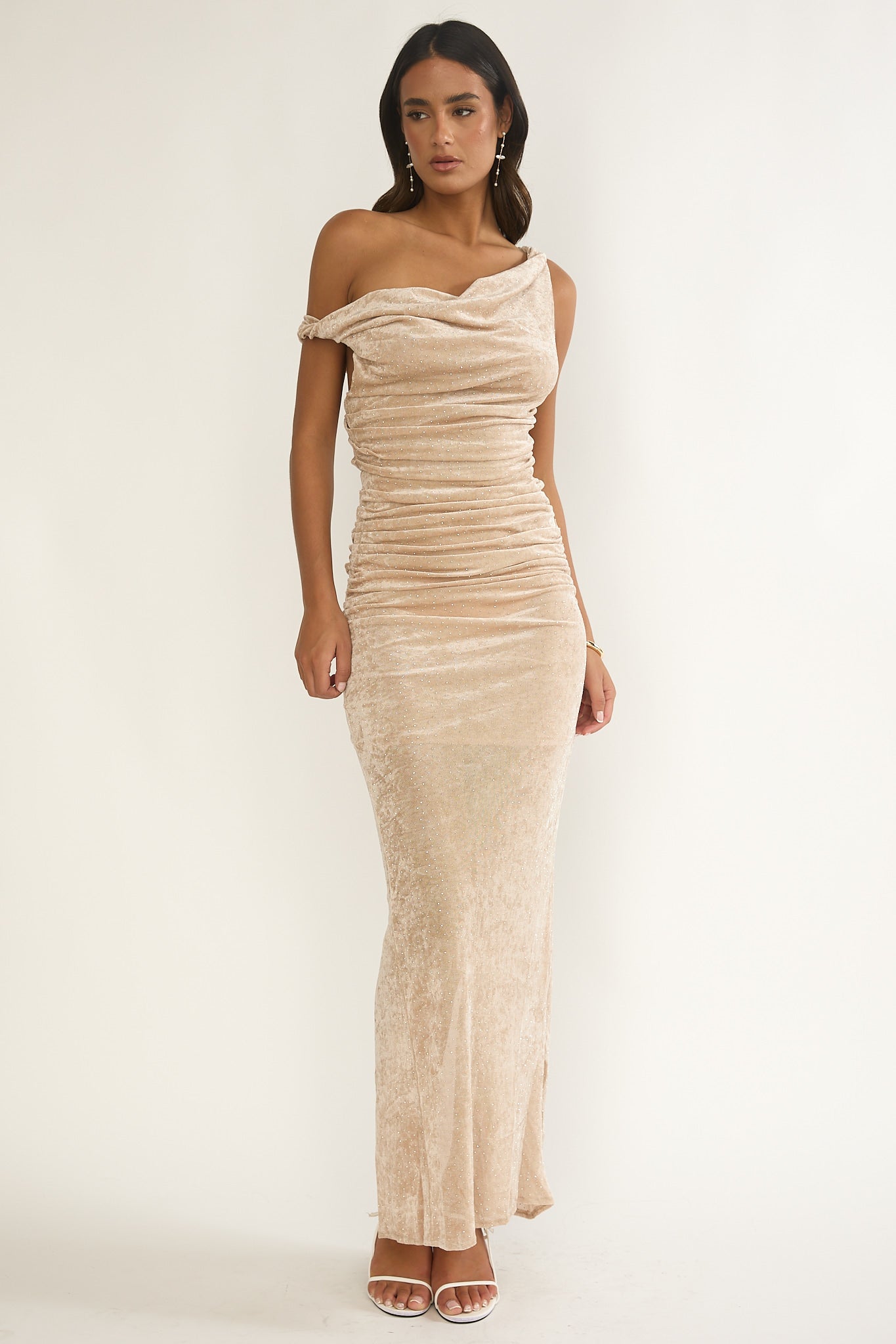 Callen Cowl Ruched Maxi Dress Champagne Silver by Selfie Leslie