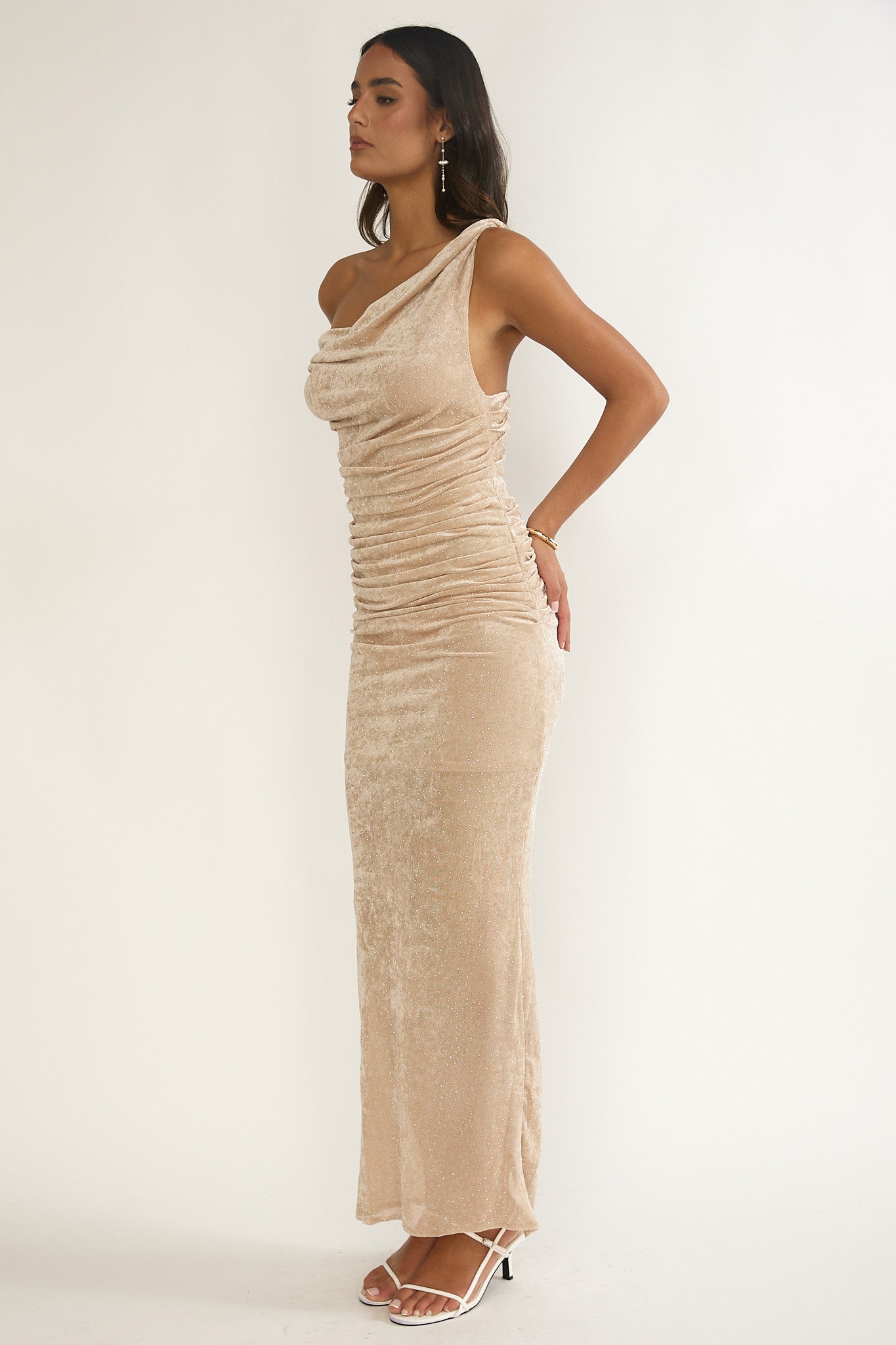 Callen Cowl Ruched Maxi Dress Champagne Silver by Selfie Leslie